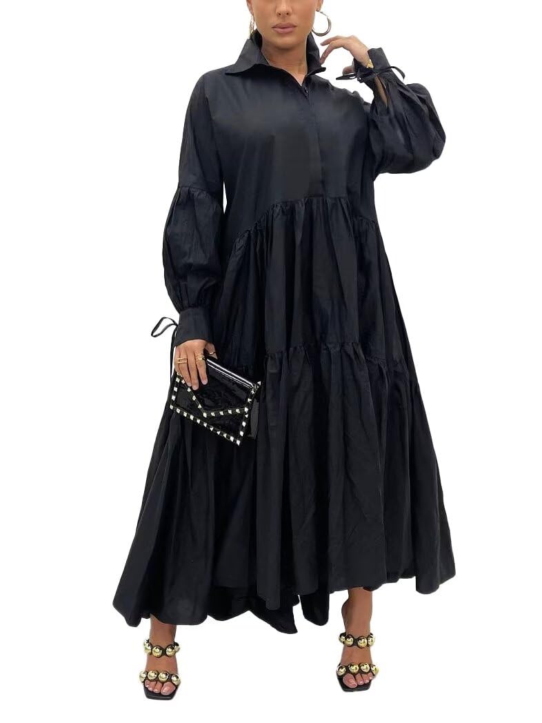 Women's Long Sleeve Maxi Shirt Dress Elegant Button Down Loose Swing Party Dress