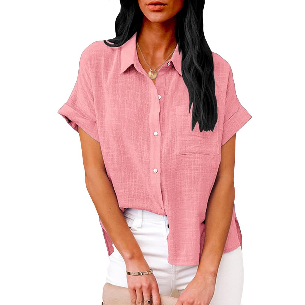 Summer Tops for Women Casual Short Sleeve Button Down Shirts Solid Color Business Work Blouses