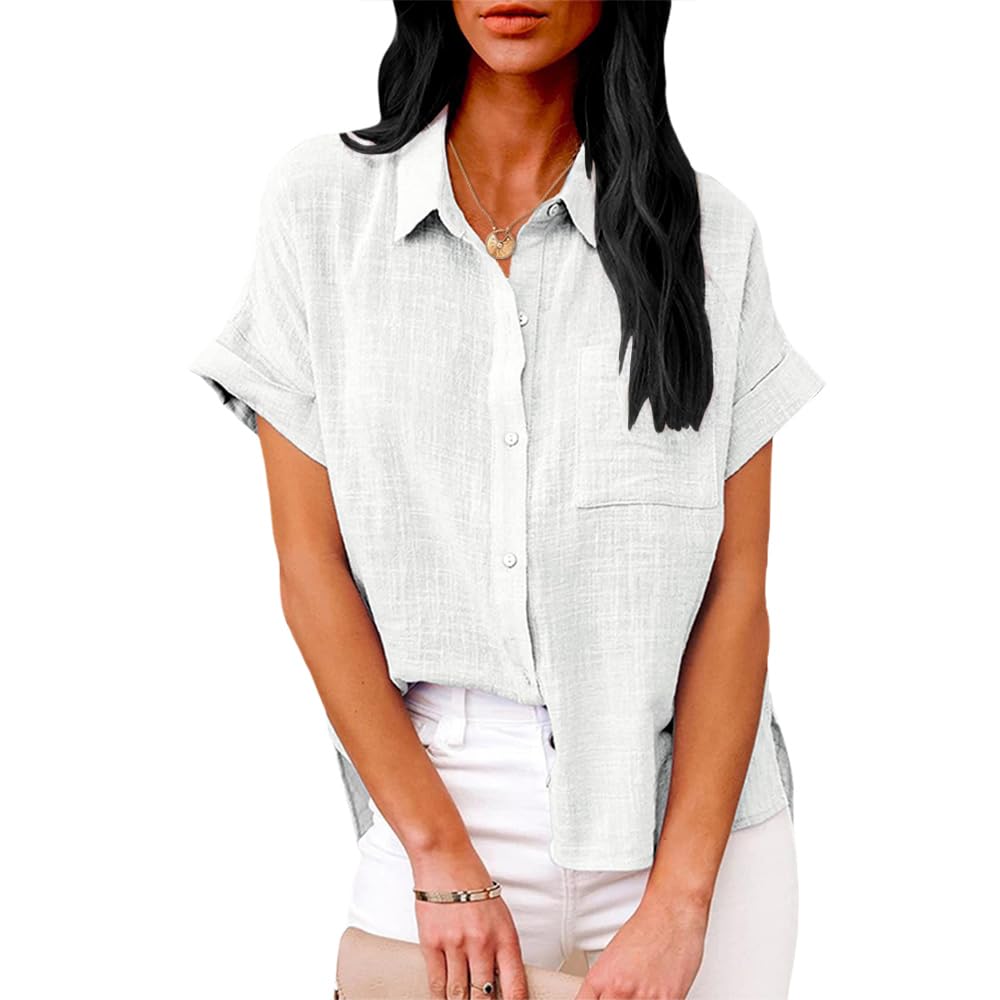 Summer Tops for Women Casual Short Sleeve Button Down Shirts Solid Color Business Work Blouses