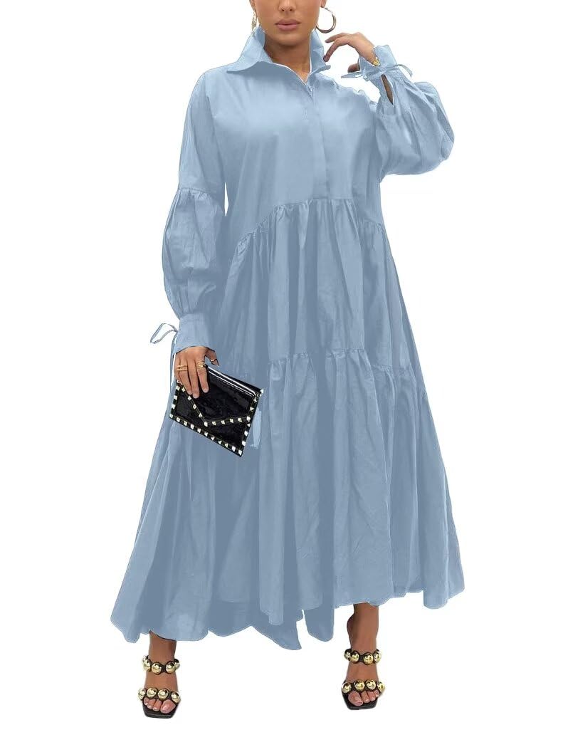 Women's Long Sleeve Maxi Shirt Dress Elegant Button Down Loose Swing Party Dress