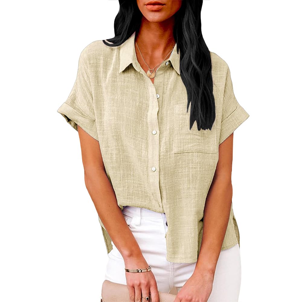 Summer Tops for Women Casual Short Sleeve Button Down Shirts Solid Color Business Work Blouses