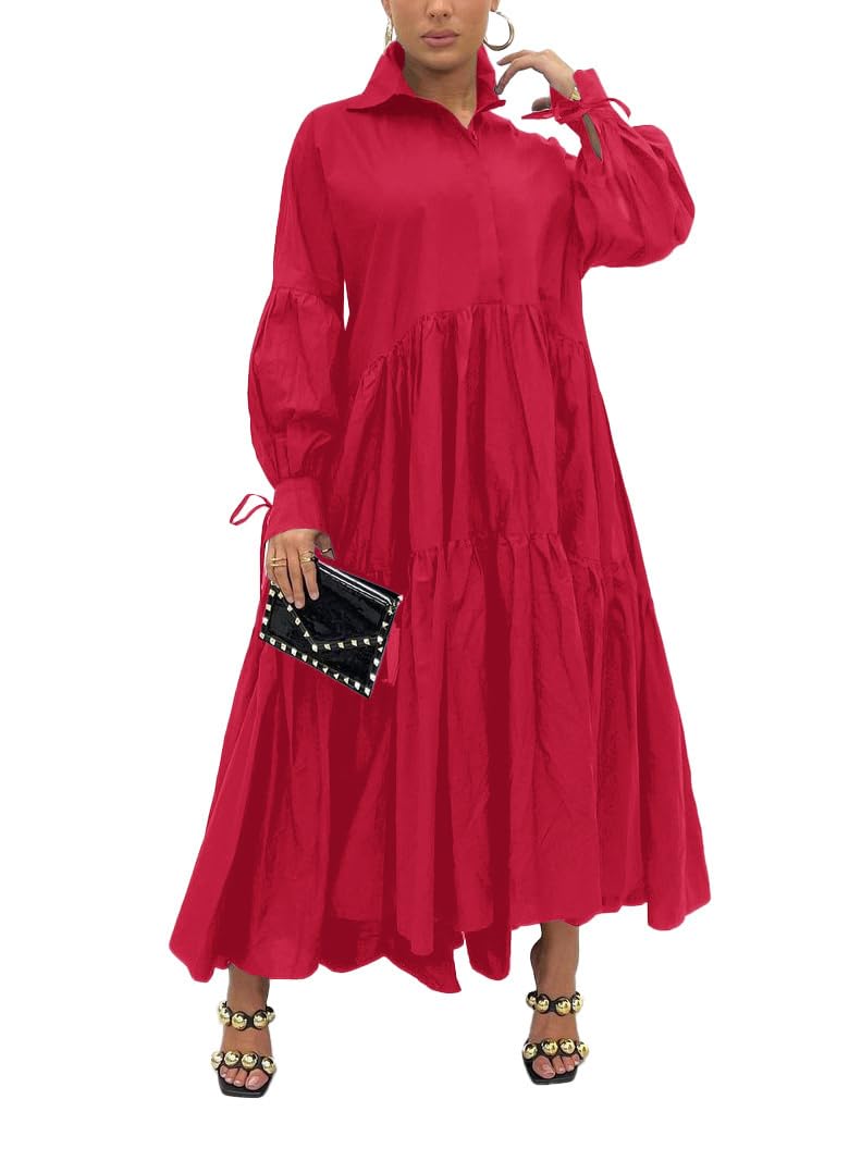 Women's Long Sleeve Maxi Shirt Dress Elegant Button Down Loose Swing Party Dress