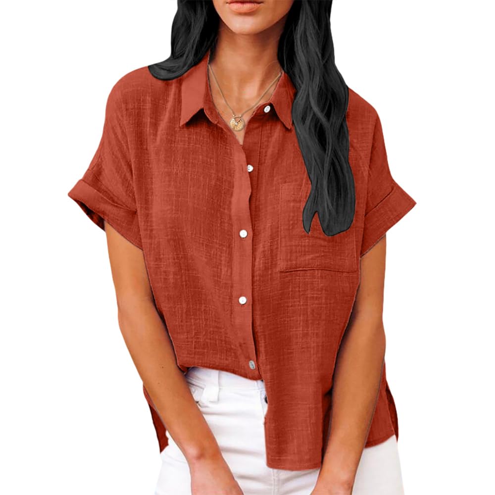 Summer Tops for Women Casual Short Sleeve Button Down Shirts Solid Color Business Work Blouses