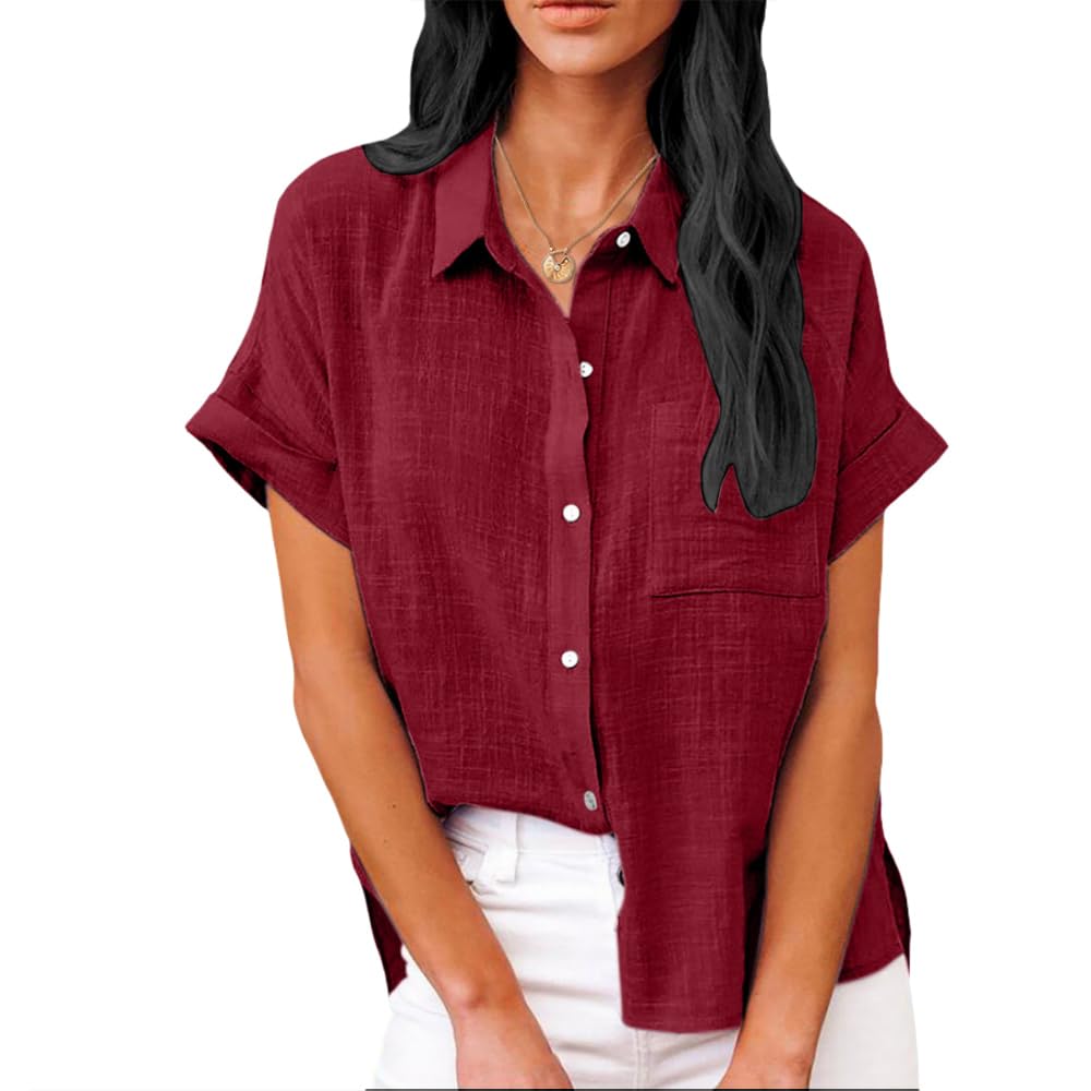 Summer Tops for Women Casual Short Sleeve Button Down Shirts Solid Color Business Work Blouses