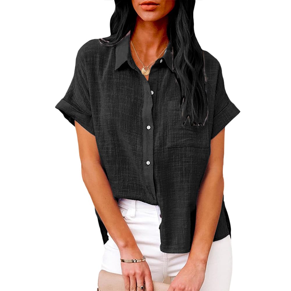 Summer Tops for Women Casual Short Sleeve Button Down Shirts Solid Color Business Work Blouses