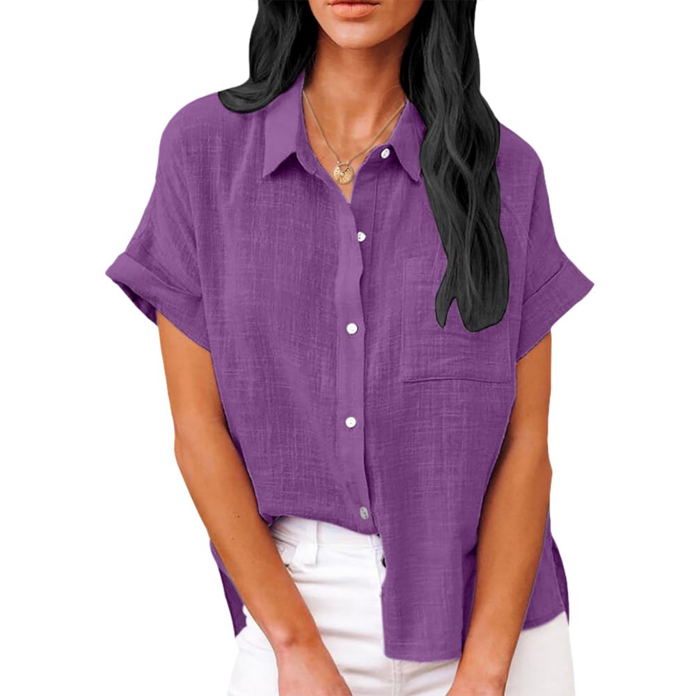 Summer Tops for Women Casual Short Sleeve Button Down Shirts Solid Color Business Work Blouses