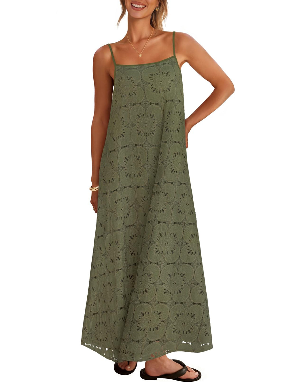 MEROKEETY Women's Summer Spaghetti Straps Sundress 2026 Casual Sleeveless Floral Lace Eyelet Boho Beach Maxi Dress
