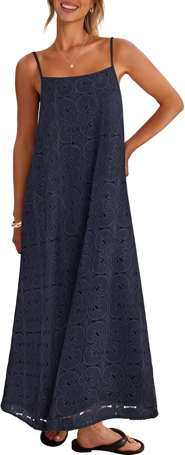 MEROKEETY Women's Summer Spaghetti Straps Sundress 2026 Casual Sleeveless Floral Lace Eyelet Boho Beach Maxi Dress