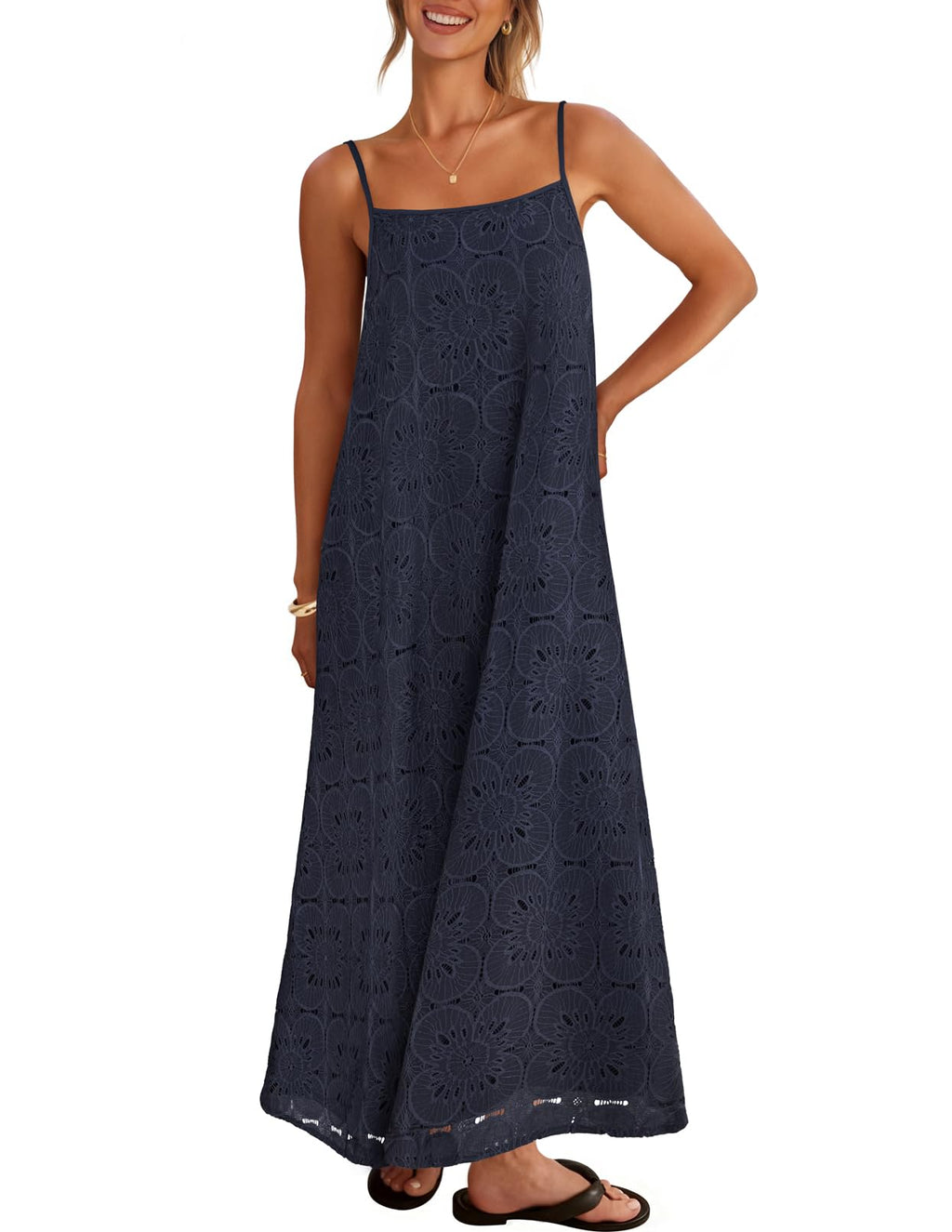 MEROKEETY Women's Summer Spaghetti Straps Sundress 2026 Casual Sleeveless Floral Lace Eyelet Boho Beach Maxi Dress