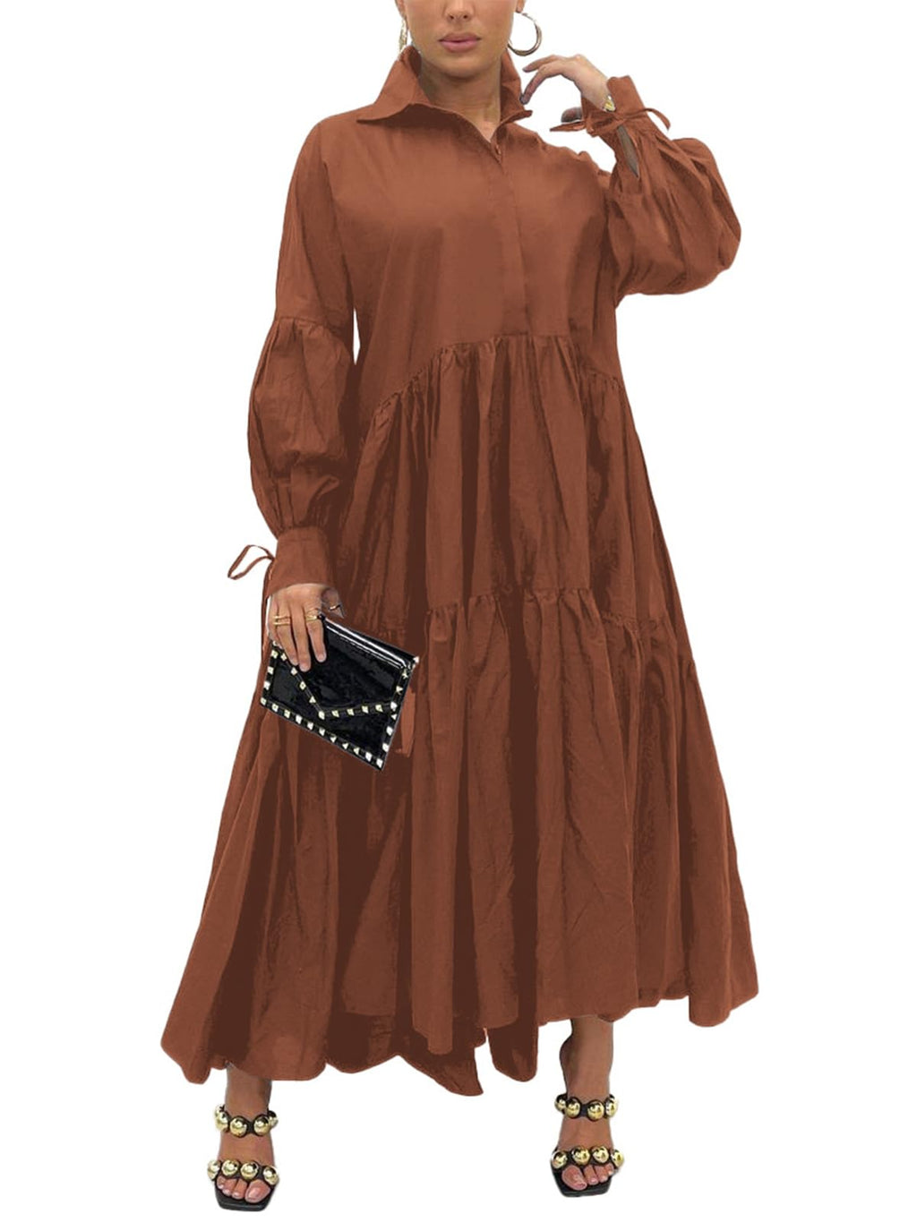 Women's Long Sleeve Maxi Shirt Dress Elegant Button Down Loose Swing Party Dress