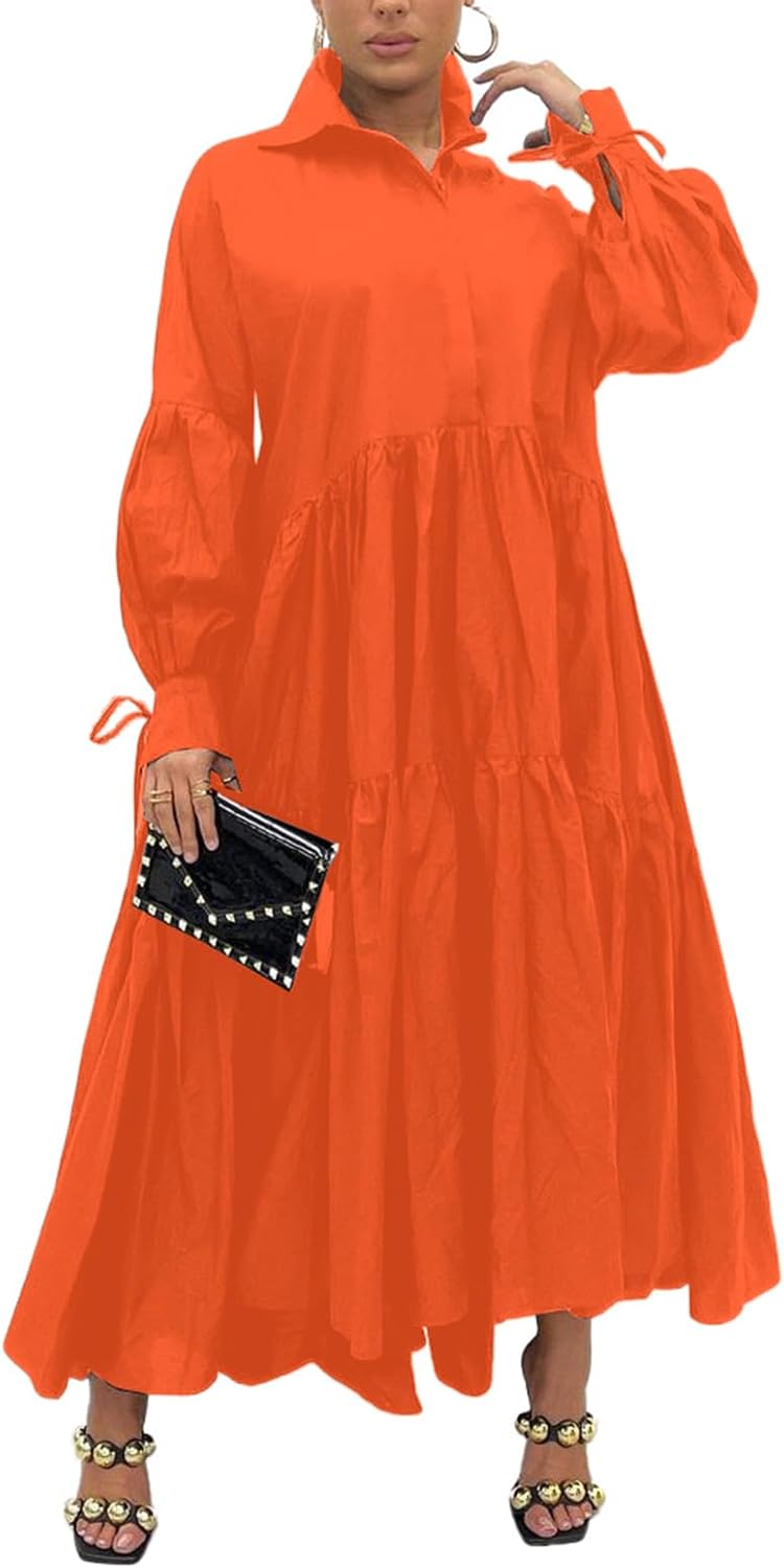 Women's Long Sleeve Maxi Shirt Dress Elegant Button Down Loose Swing Party Dress