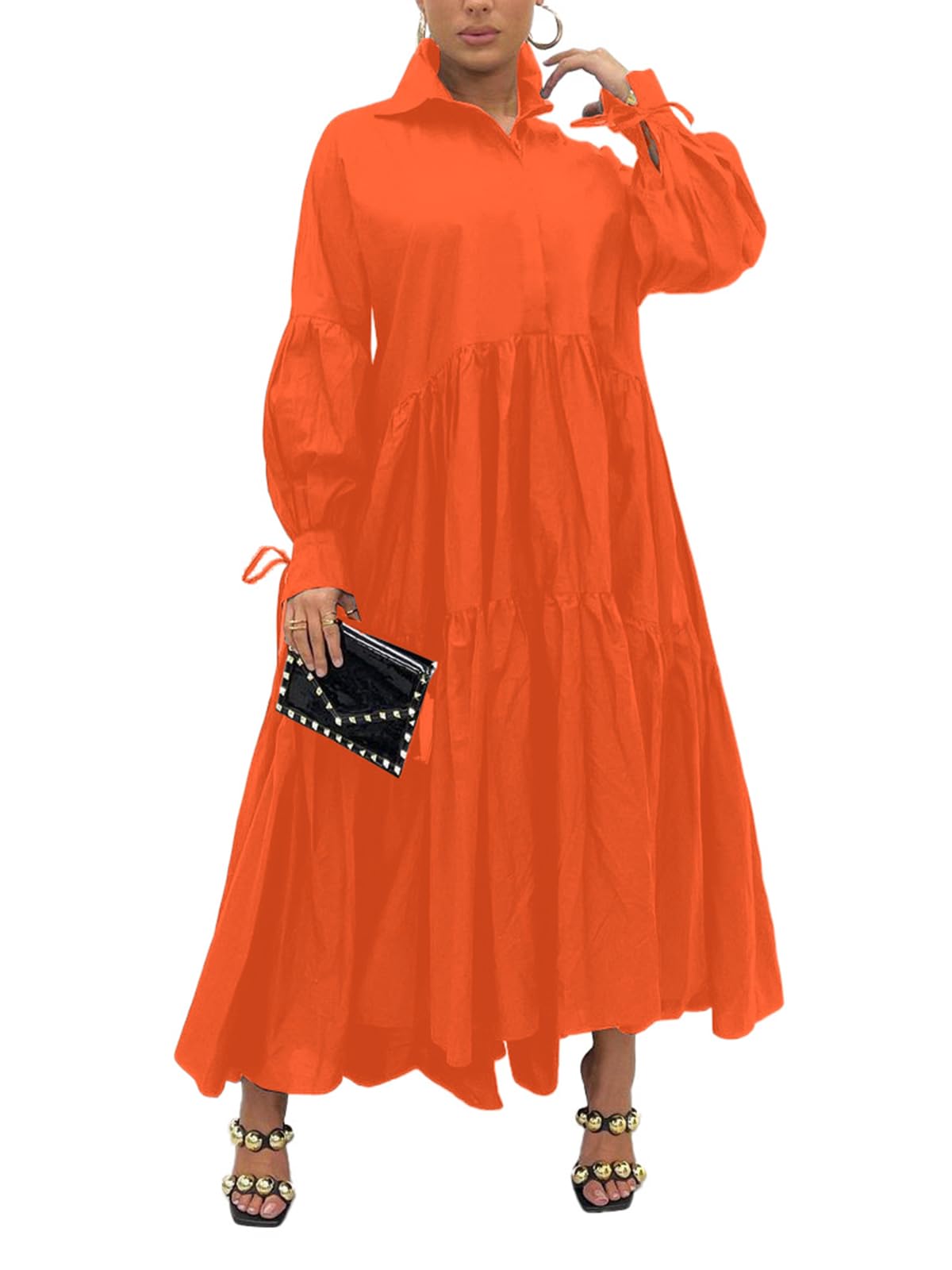 Women's Long Sleeve Maxi Shirt Dress Elegant Button Down Loose Swing Party Dress