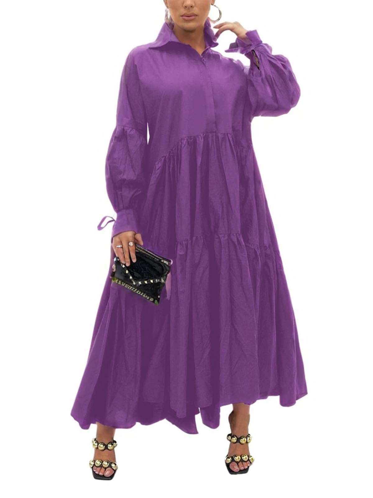 Women's Long Sleeve Maxi Shirt Dress Elegant Button Down Loose Swing Party Dress