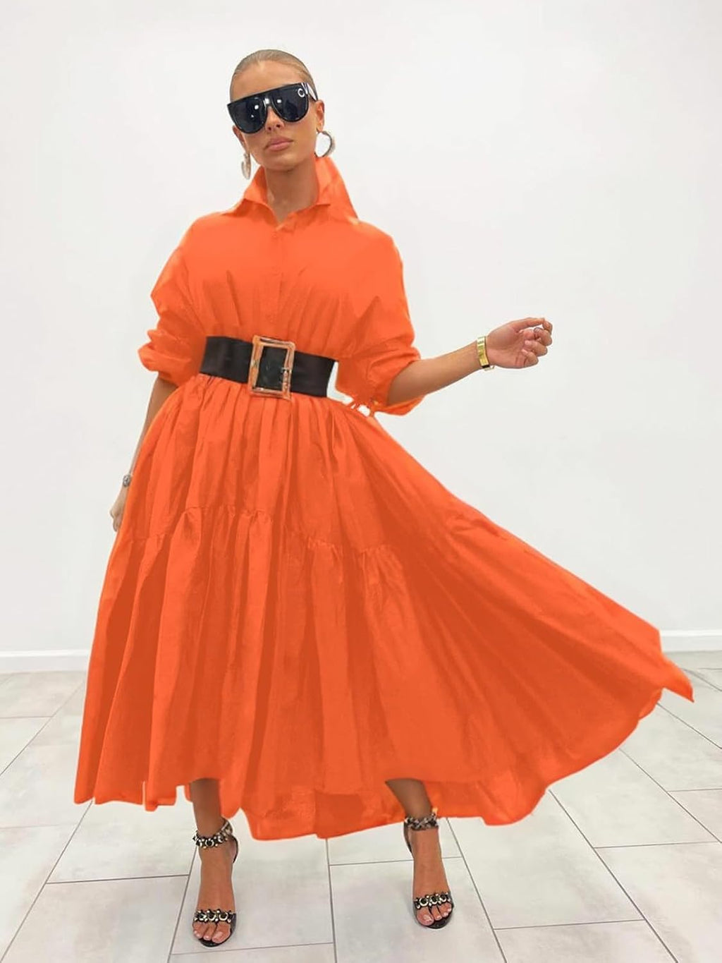Women's Long Sleeve Maxi Shirt Dress Elegant Button Down Loose Swing Party Dress