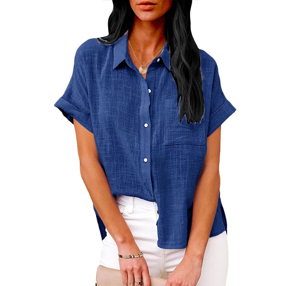 Summer Tops for Women Casual Short Sleeve Button Down Shirts Solid Color Business Work Blouses