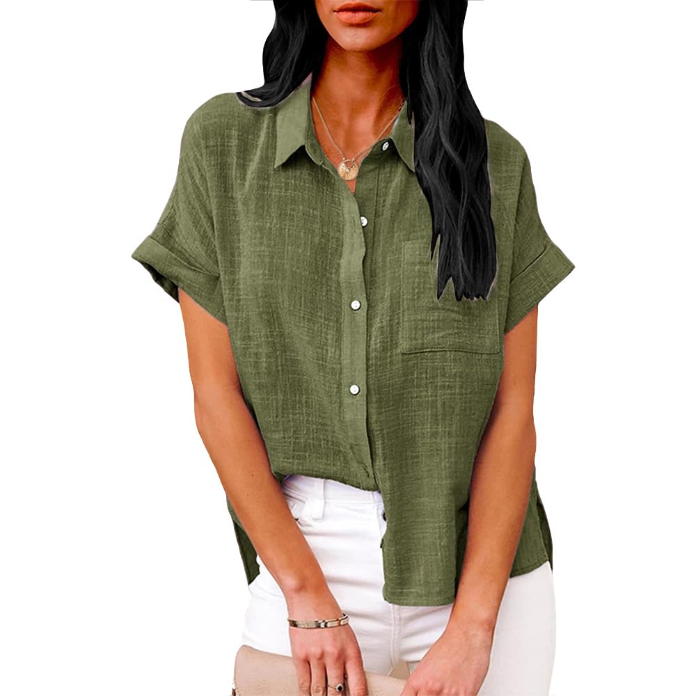 Summer Tops for Women Casual Short Sleeve Button Down Shirts Solid Color Business Work Blouses