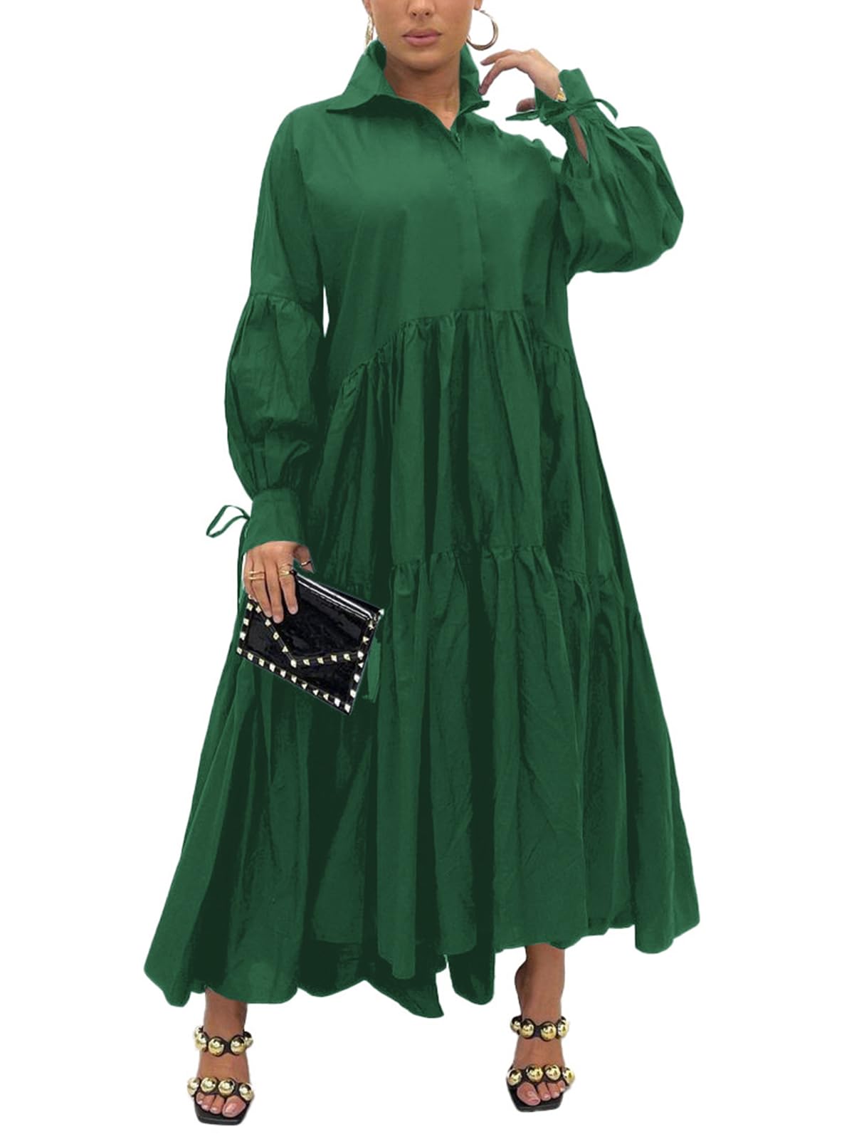 Women's Long Sleeve Maxi Shirt Dress Elegant Button Down Loose Swing Party Dress
