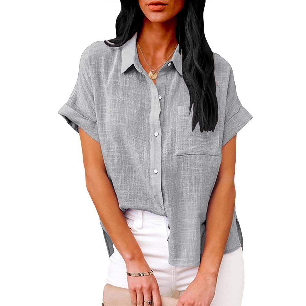 Summer Tops for Women Casual Short Sleeve Button Down Shirts Solid Color Business Work Blouses