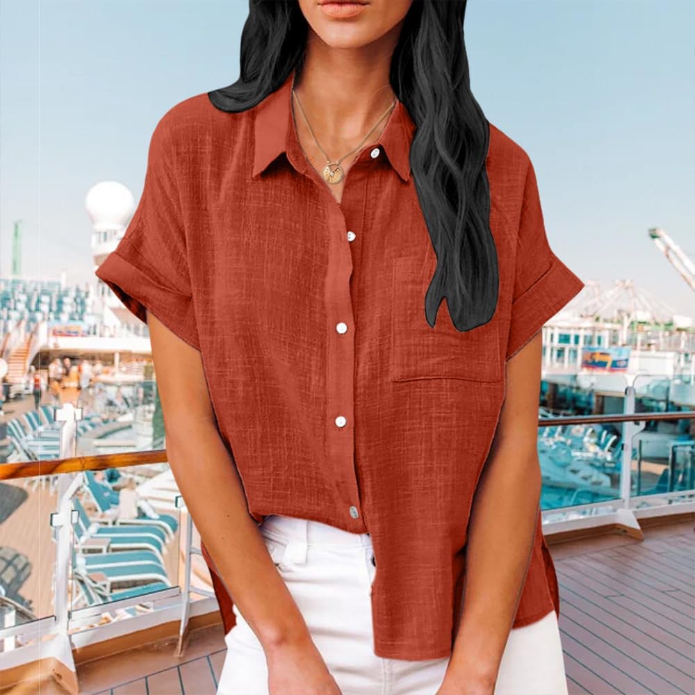 Summer Tops for Women Casual Short Sleeve Button Down Shirts Solid Color Business Work Blouses