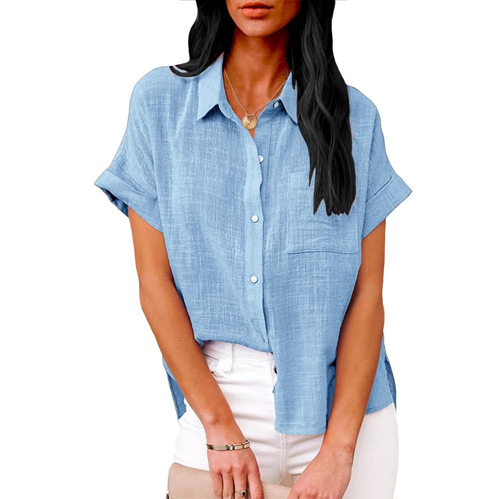 Summer Tops for Women Casual Short Sleeve Button Down Shirts Solid Color Business Work Blouses