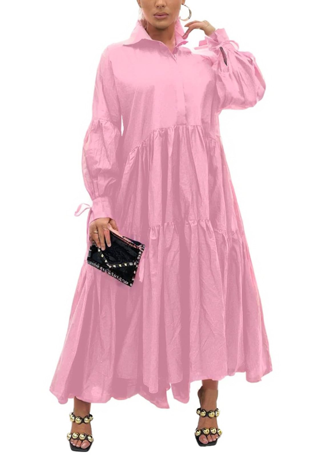 Women's Long Sleeve Maxi Shirt Dress Elegant Button Down Loose Swing Party Dress