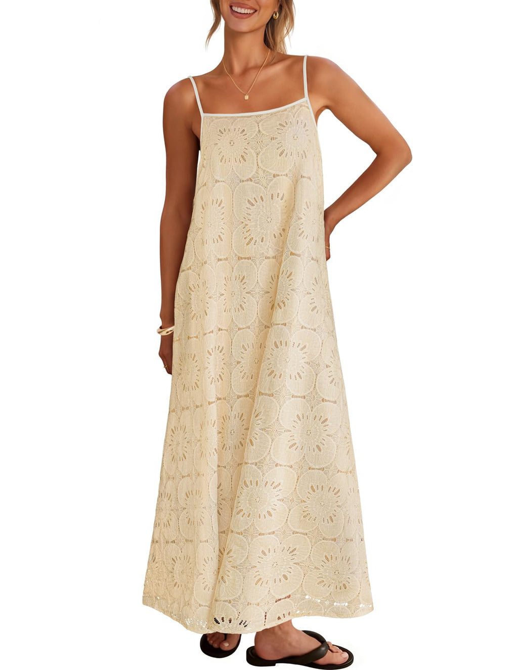 MEROKEETY Women's Summer Spaghetti Straps Sundress 2026 Casual Sleeveless Floral Lace Eyelet Boho Beach Maxi Dress