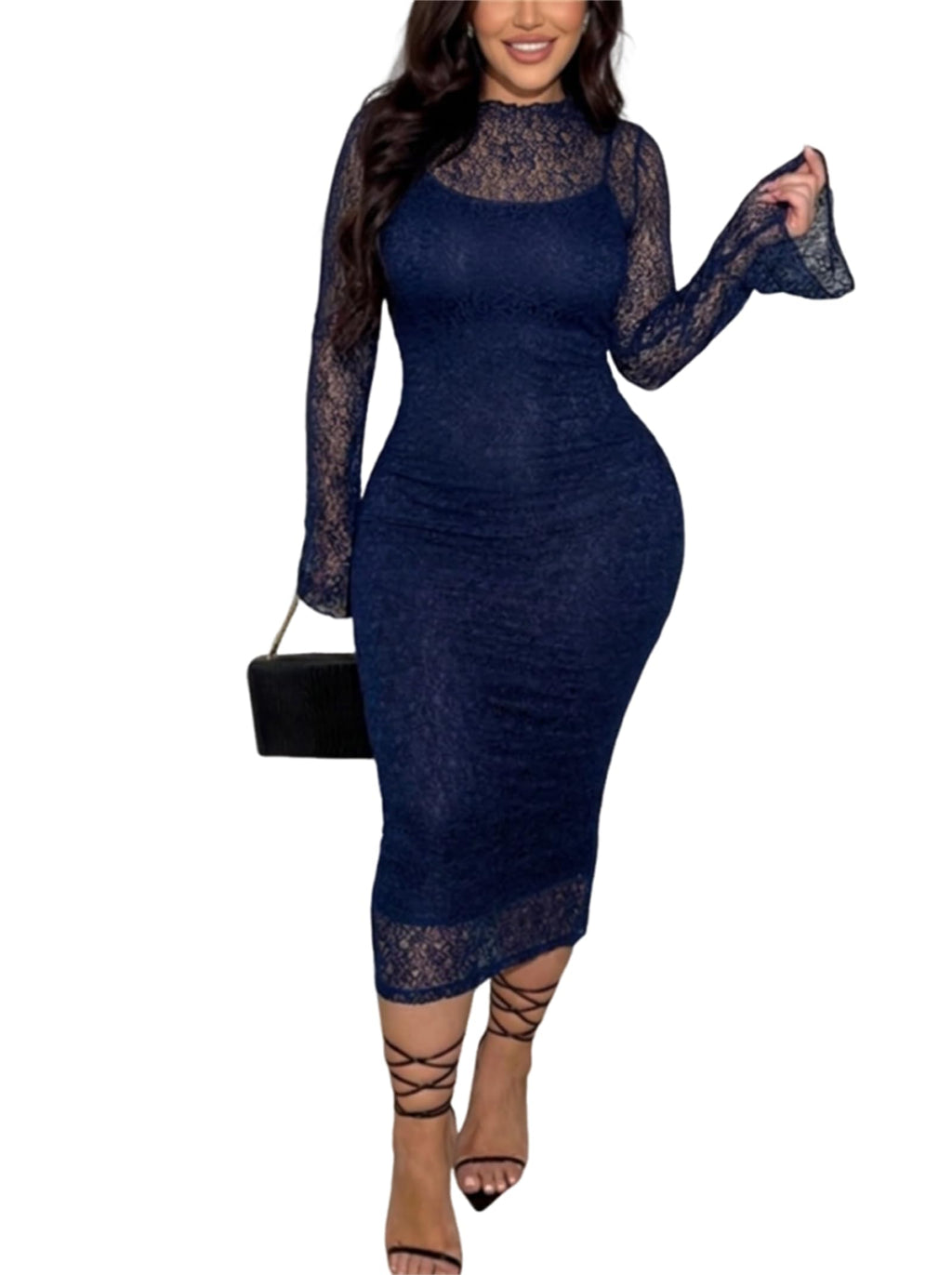 Women's Elegant Bodycon Midi Dress Lace Party Cocktail Wedding Guest Dress