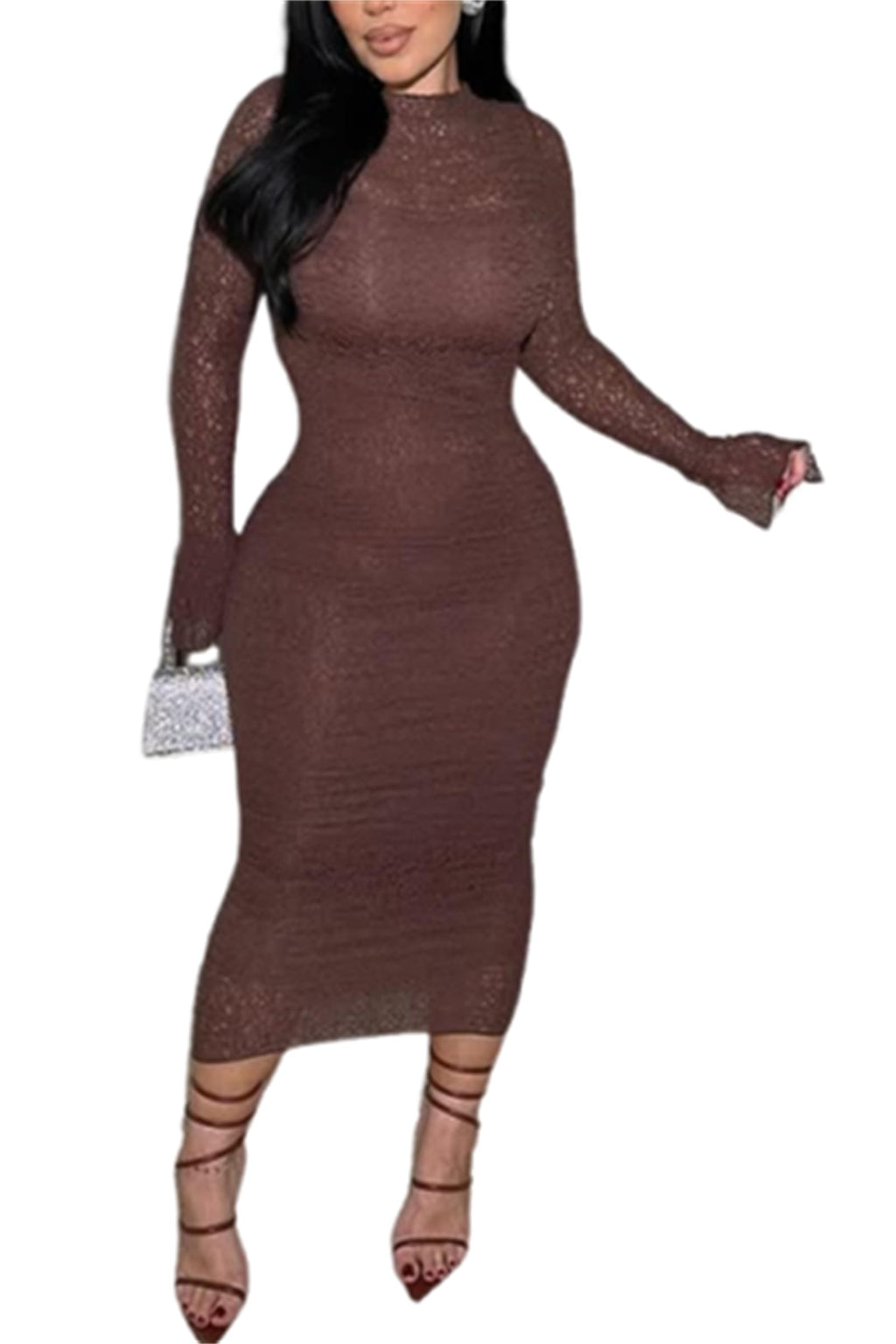 Women's Elegant Bodycon Midi Dress Lace Party Cocktail Wedding Guest Dress