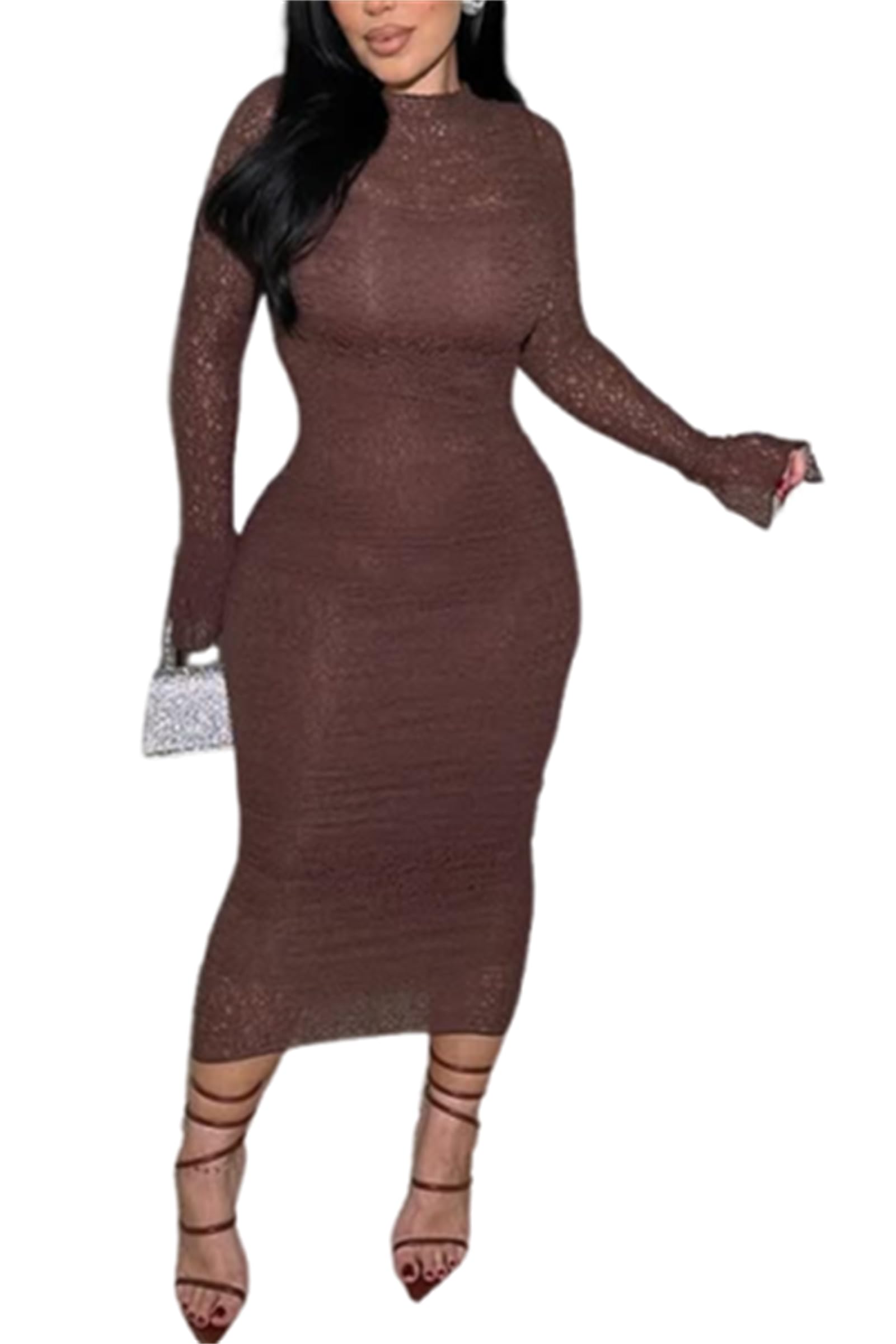 Women's Elegant Bodycon Midi Dress Lace Party Cocktail Wedding Guest Dress