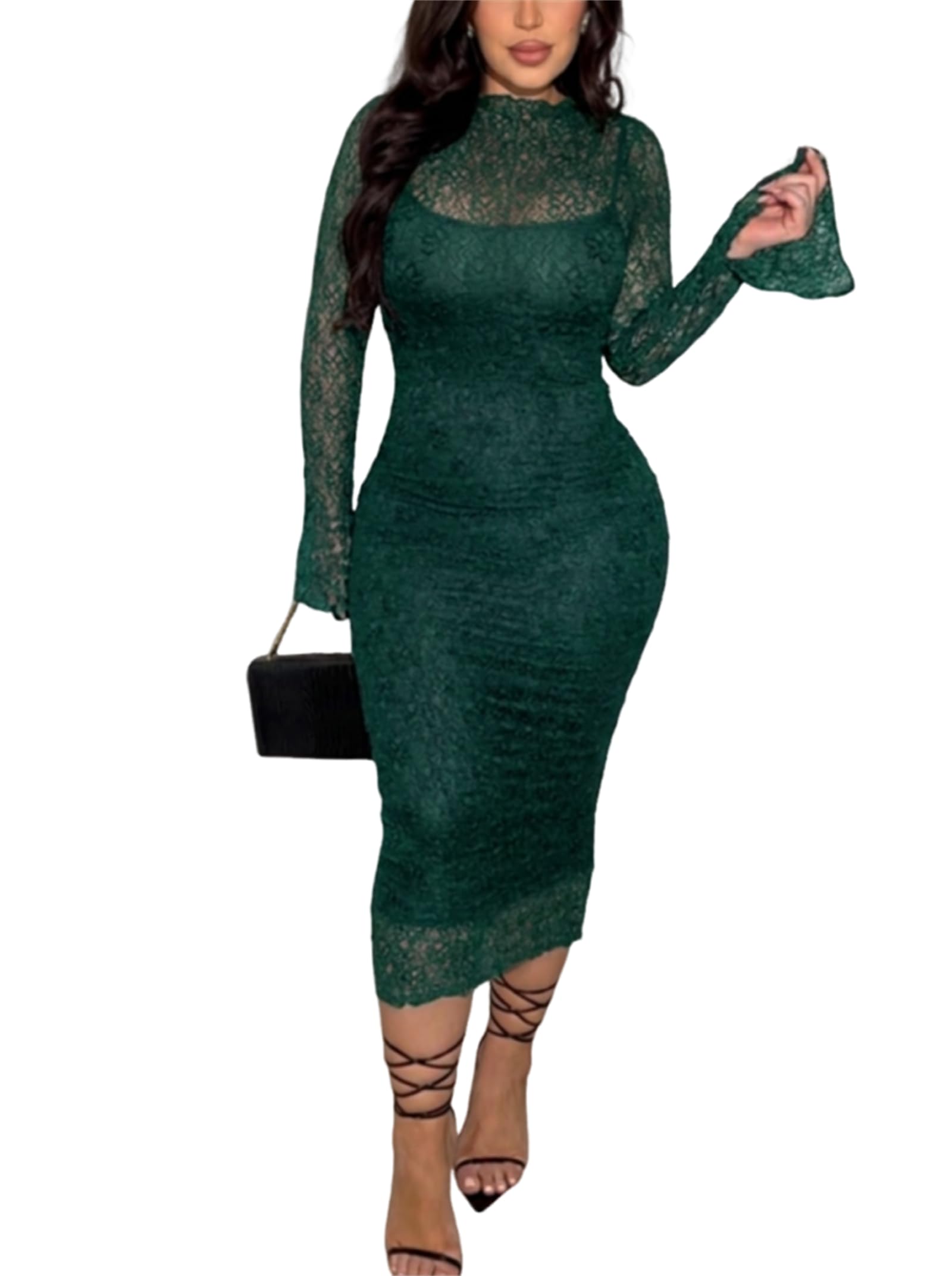 Women's Elegant Bodycon Midi Dress Lace Party Cocktail Wedding Guest Dress