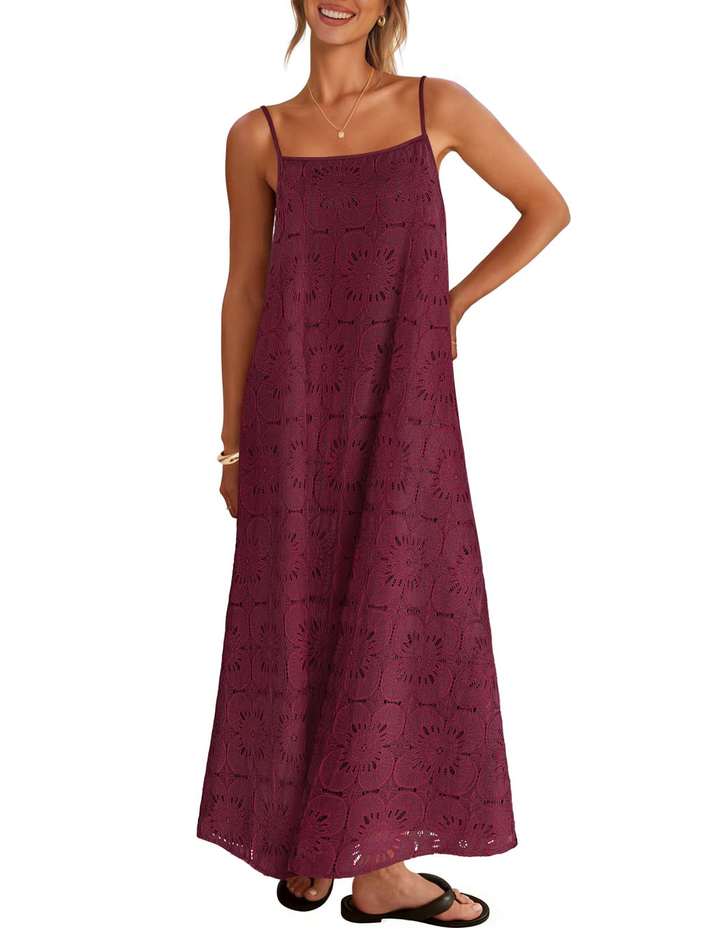 MEROKEETY Women's Summer Spaghetti Straps Sundress 2026 Casual Sleeveless Floral Lace Eyelet Boho Beach Maxi Dress