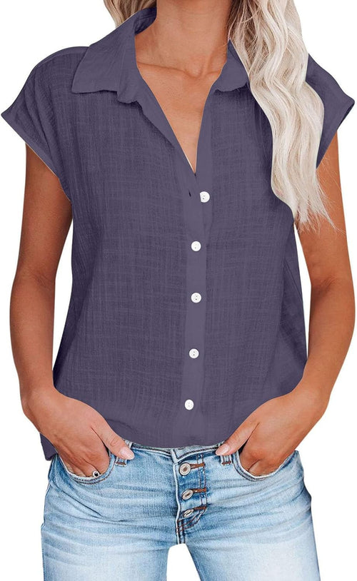 Linen Shirts for Women Cap Sleeve V Neck Collared Button Down Shirts Blouses Casual Loose Lightweight Summer Tops