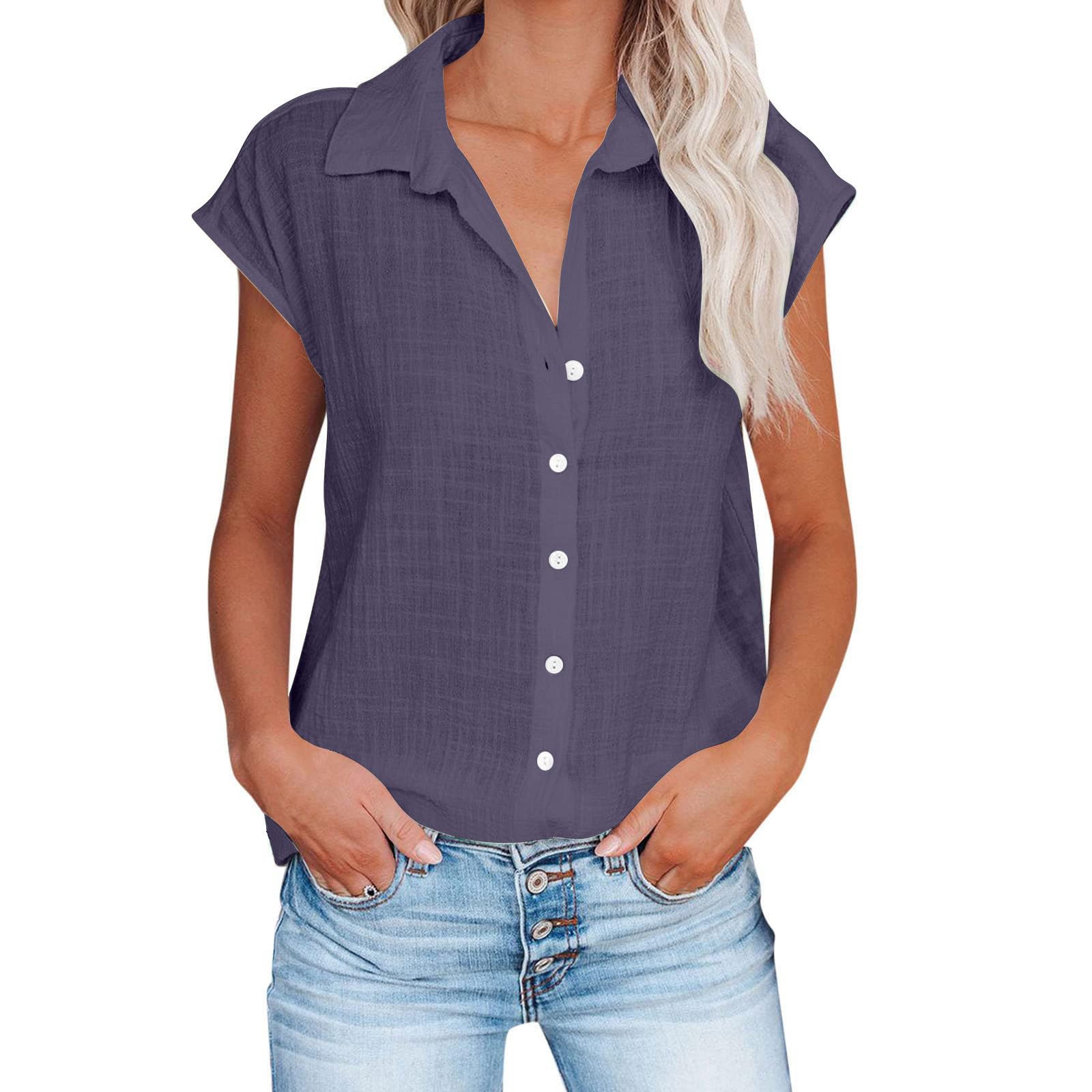 Linen Shirts for Women Cap Sleeve V Neck Collared Button Down Shirts Blouses Casual Loose Lightweight Summer Tops