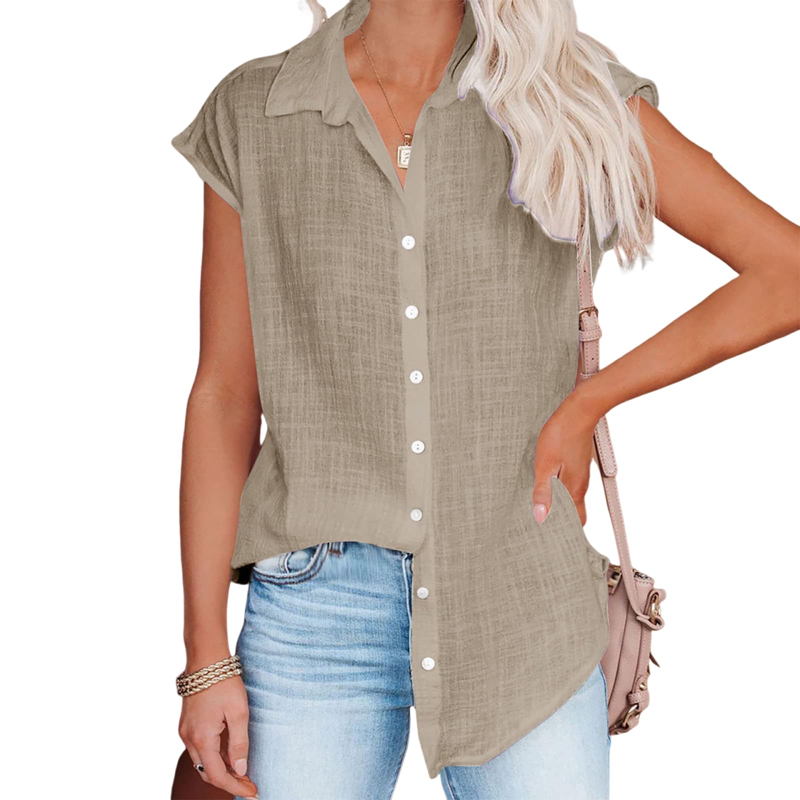 Linen Shirts for Women Cap Sleeve V Neck Collared Button Down Shirts Blouses Casual Loose Lightweight Summer Tops