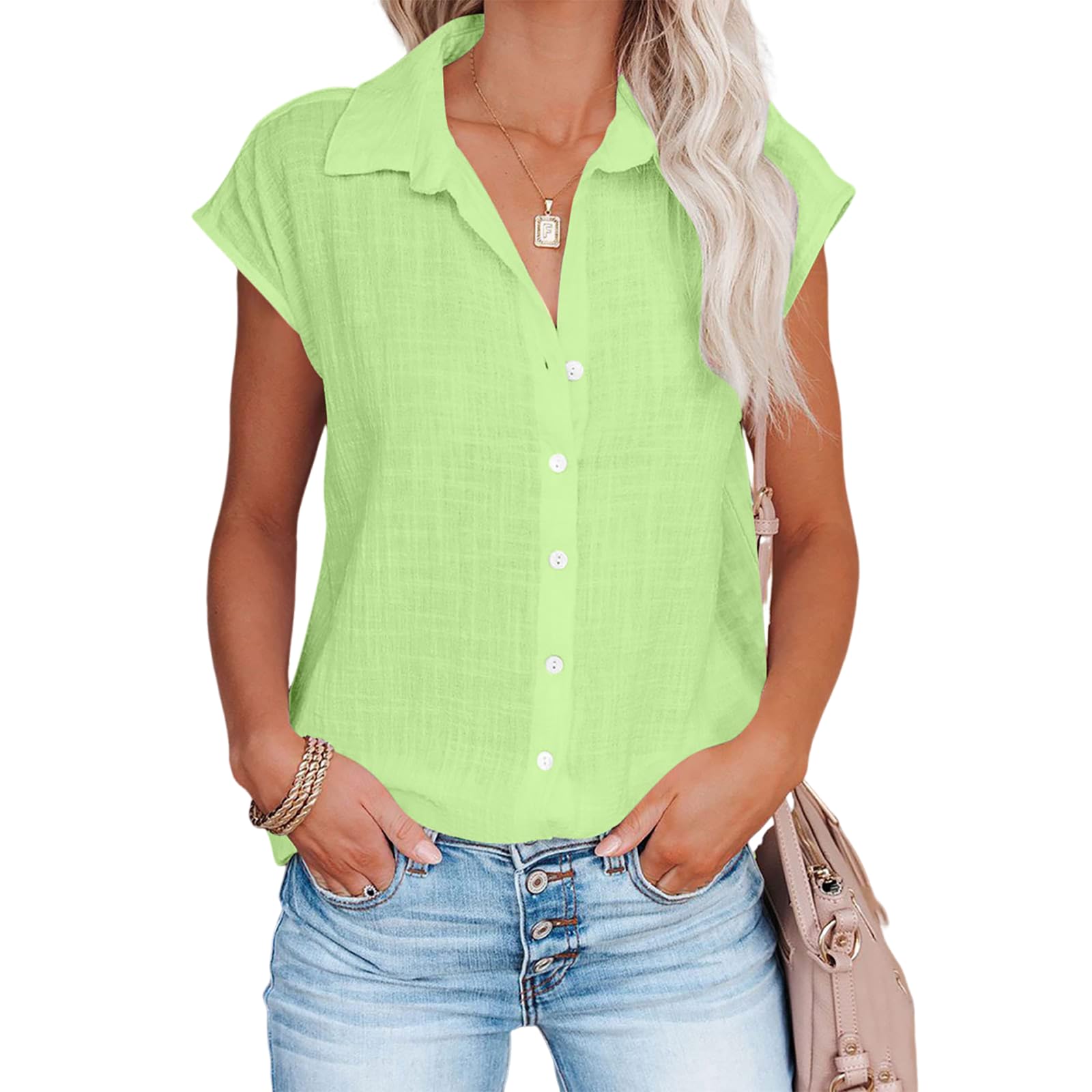 Linen Shirts for Women Cap Sleeve V Neck Collared Button Down Shirts Blouses Casual Loose Lightweight Summer Tops