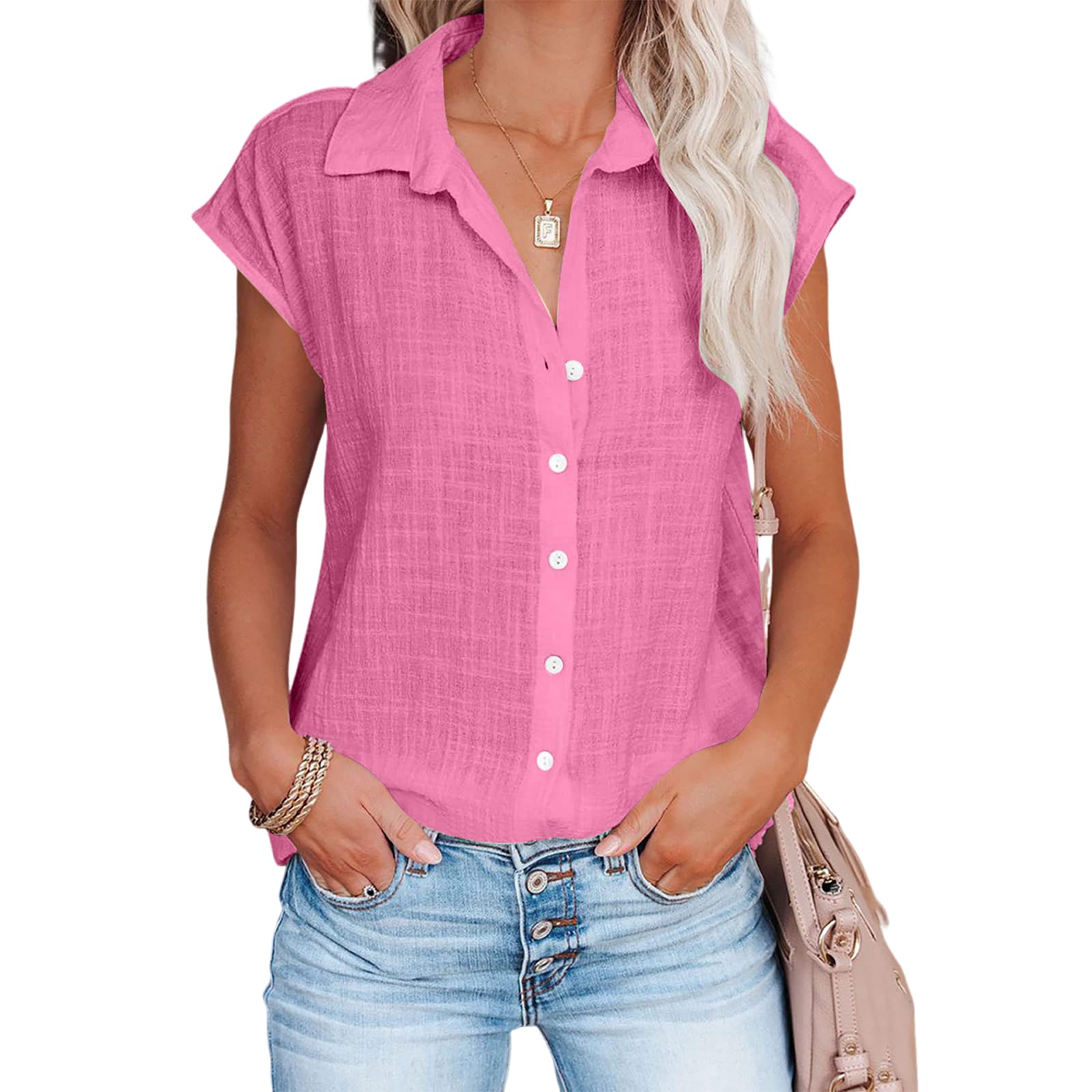 Linen Shirts for Women Cap Sleeve V Neck Collared Button Down Shirts Blouses Casual Loose Lightweight Summer Tops