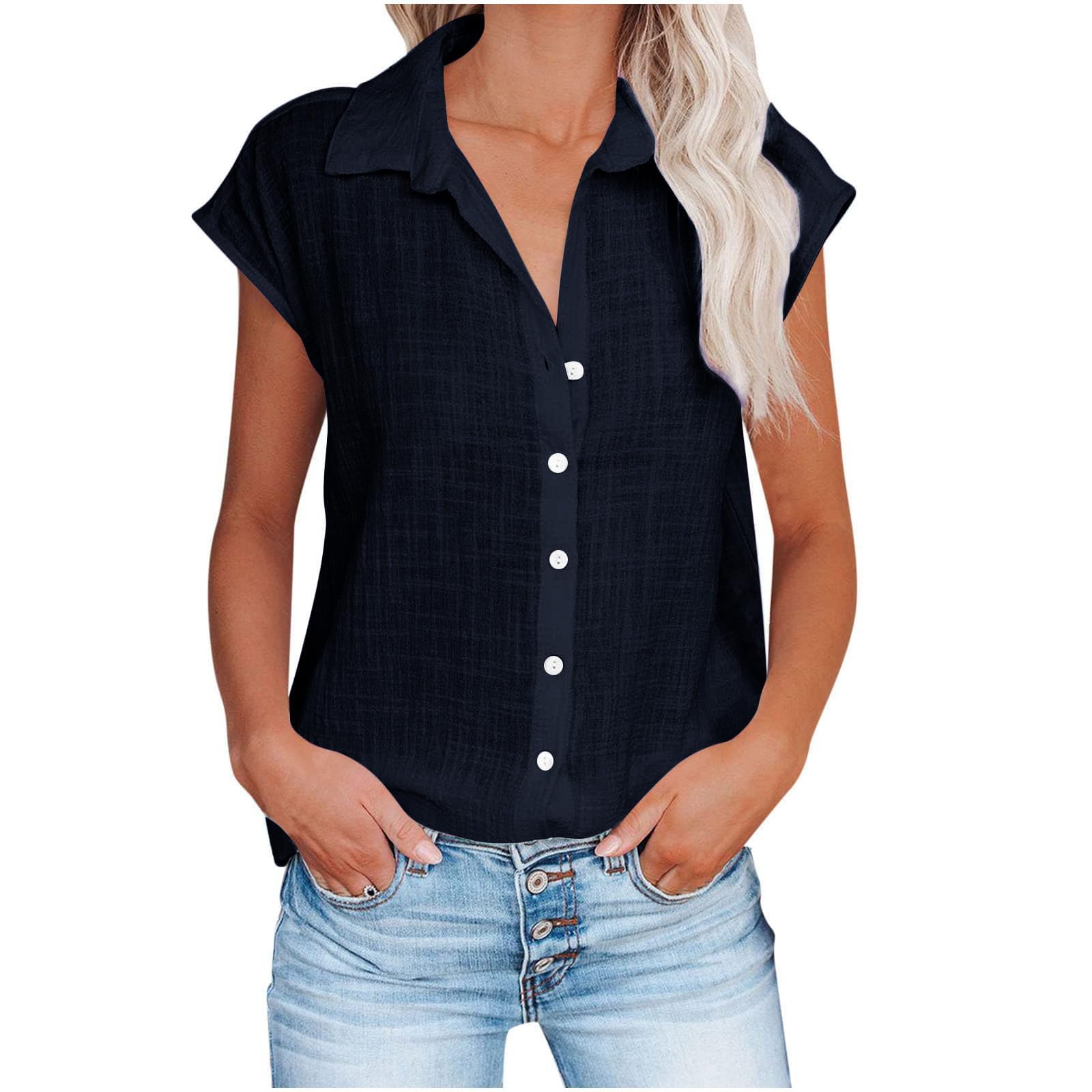 Linen Shirts for Women Cap Sleeve V Neck Collared Button Down Shirts Blouses Casual Loose Lightweight Summer Tops