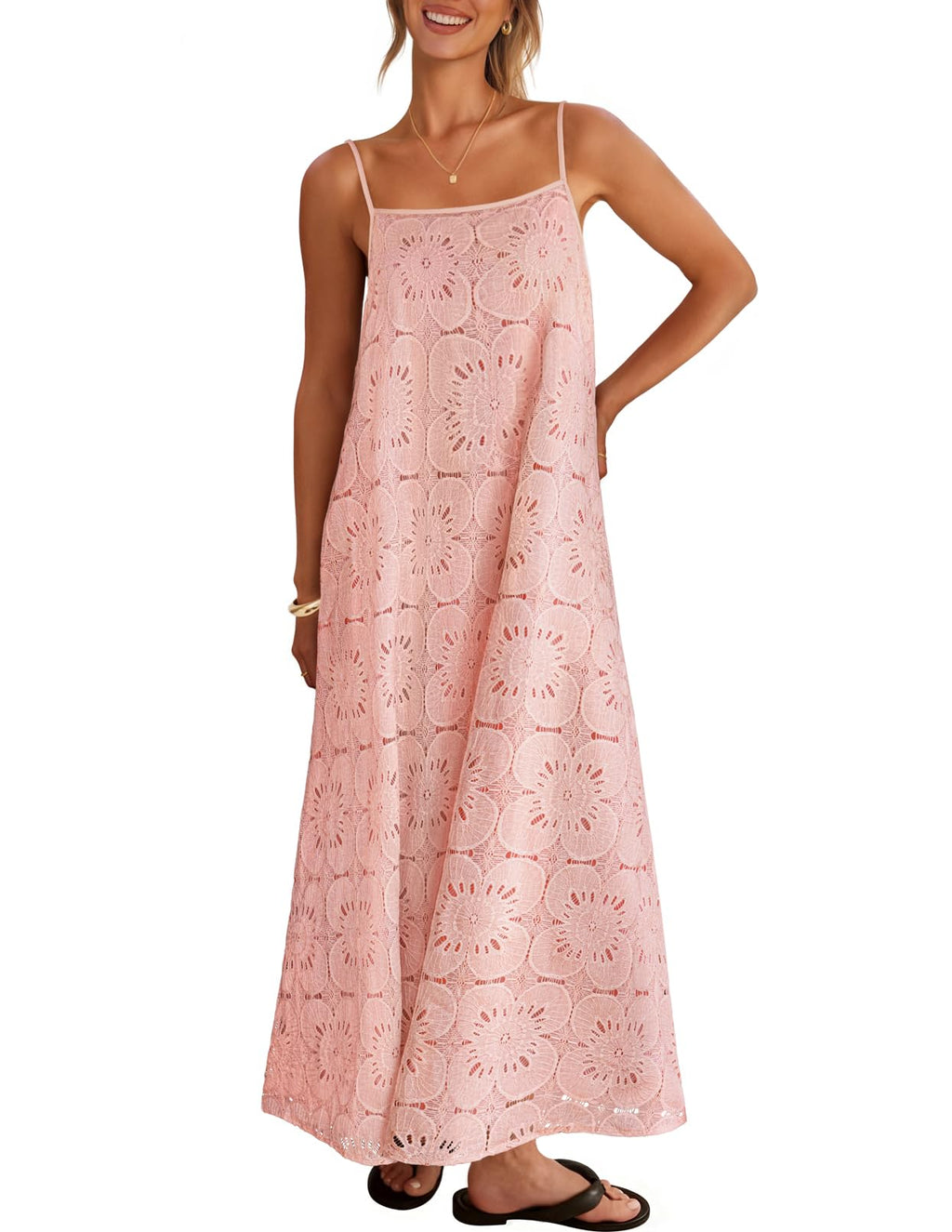 MEROKEETY Women's Summer Spaghetti Straps Sundress 2026 Casual Sleeveless Floral Lace Eyelet Boho Beach Maxi Dress