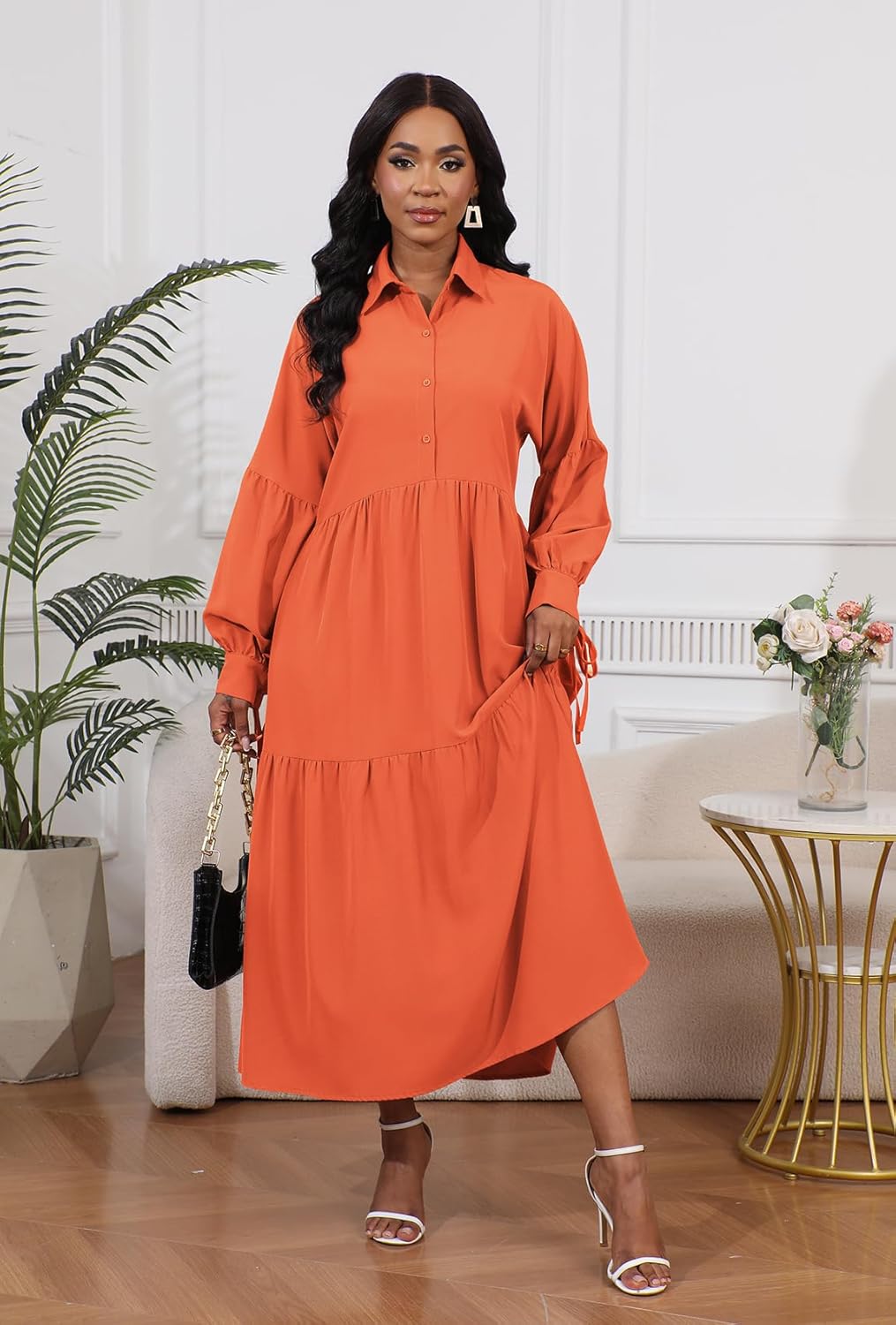 Women's Long Sleeve Maxi Shirt Dress Elegant Button Down Loose Swing Party Dress