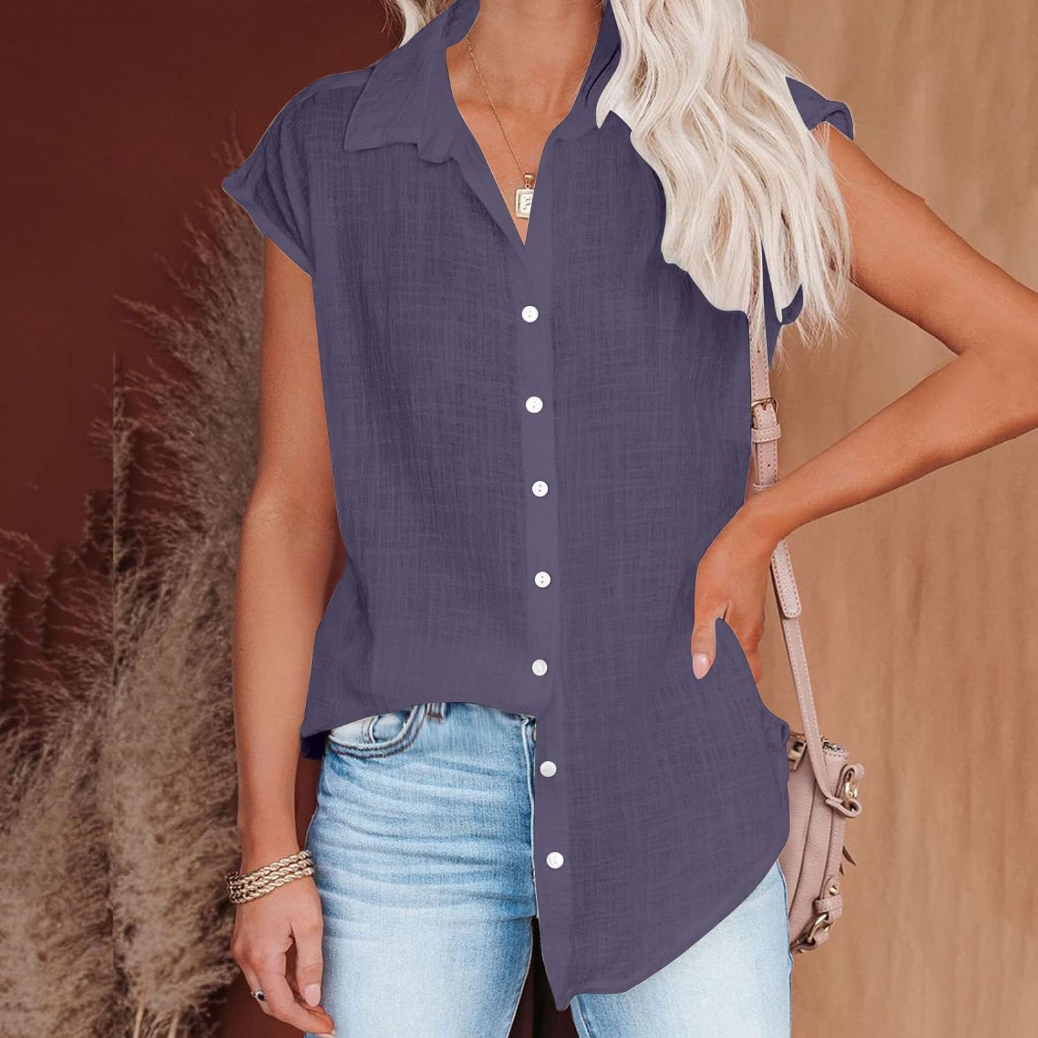 Linen Shirts for Women Cap Sleeve V Neck Collared Button Down Shirts Blouses Casual Loose Lightweight Summer Tops