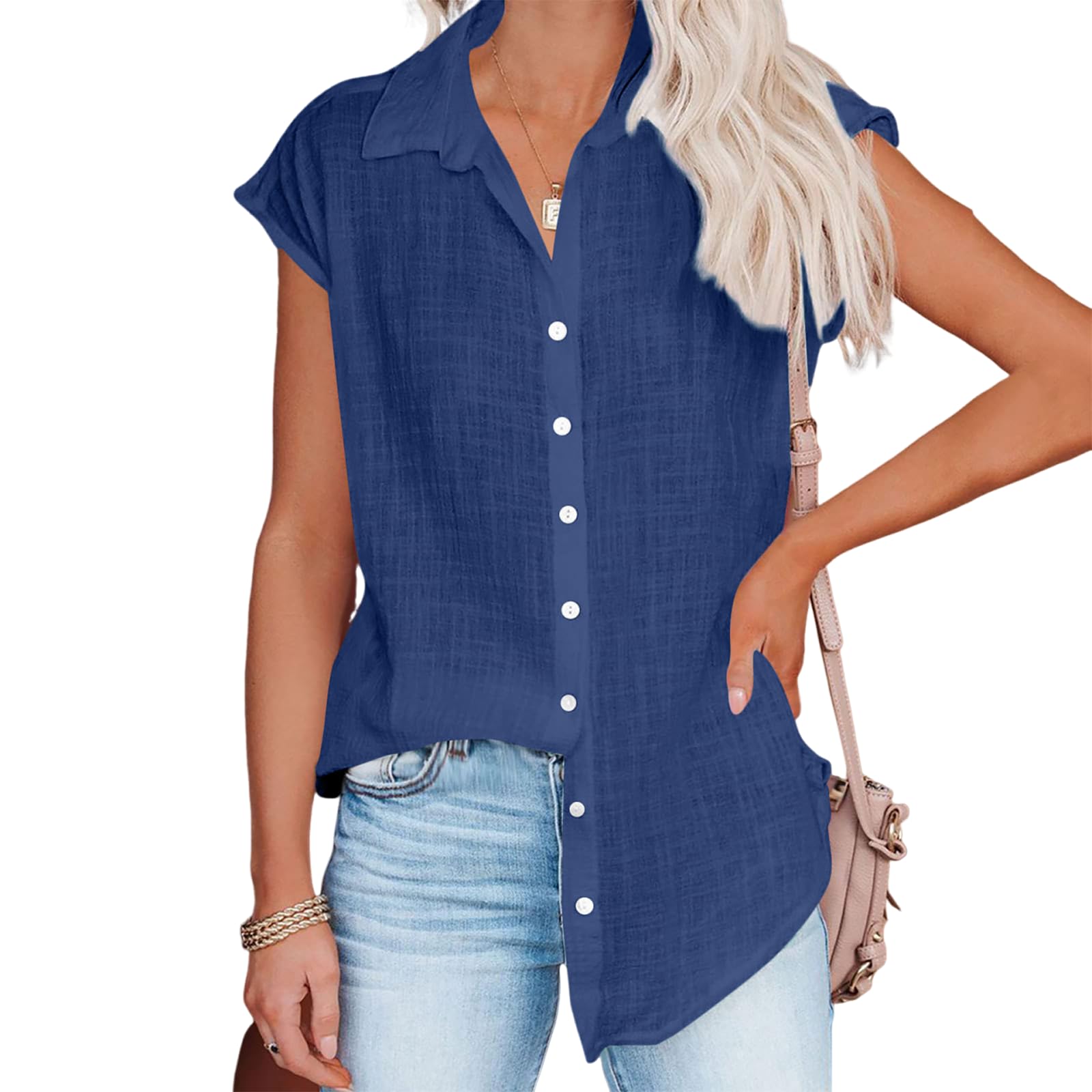 Linen Shirts for Women Cap Sleeve V Neck Collared Button Down Shirts Blouses Casual Loose Lightweight Summer Tops