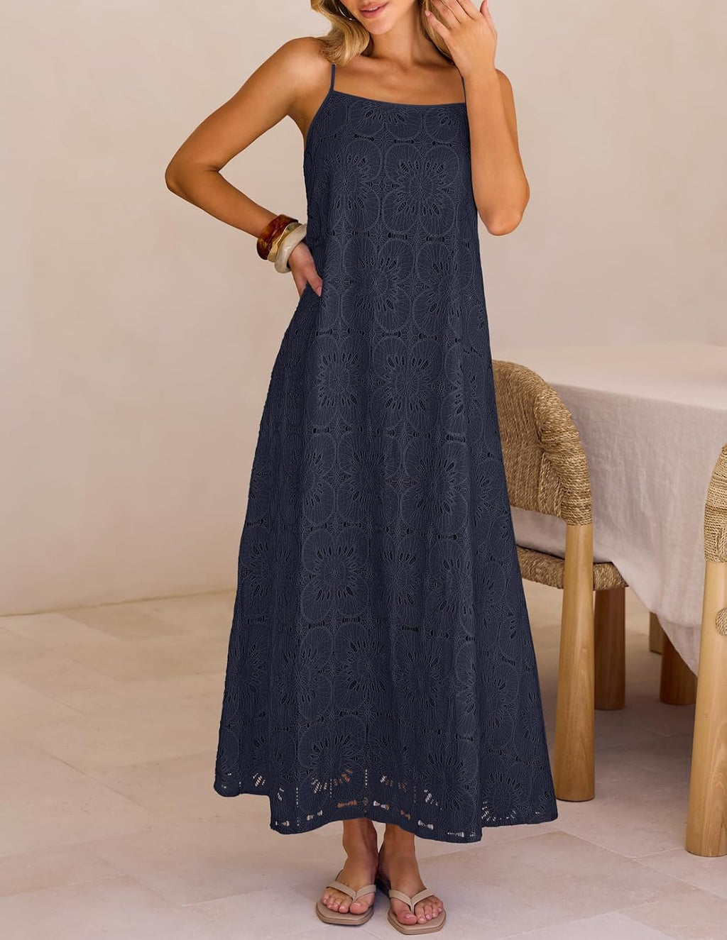 MEROKEETY Women's Summer Spaghetti Straps Sundress 2026 Casual Sleeveless Floral Lace Eyelet Boho Beach Maxi Dress