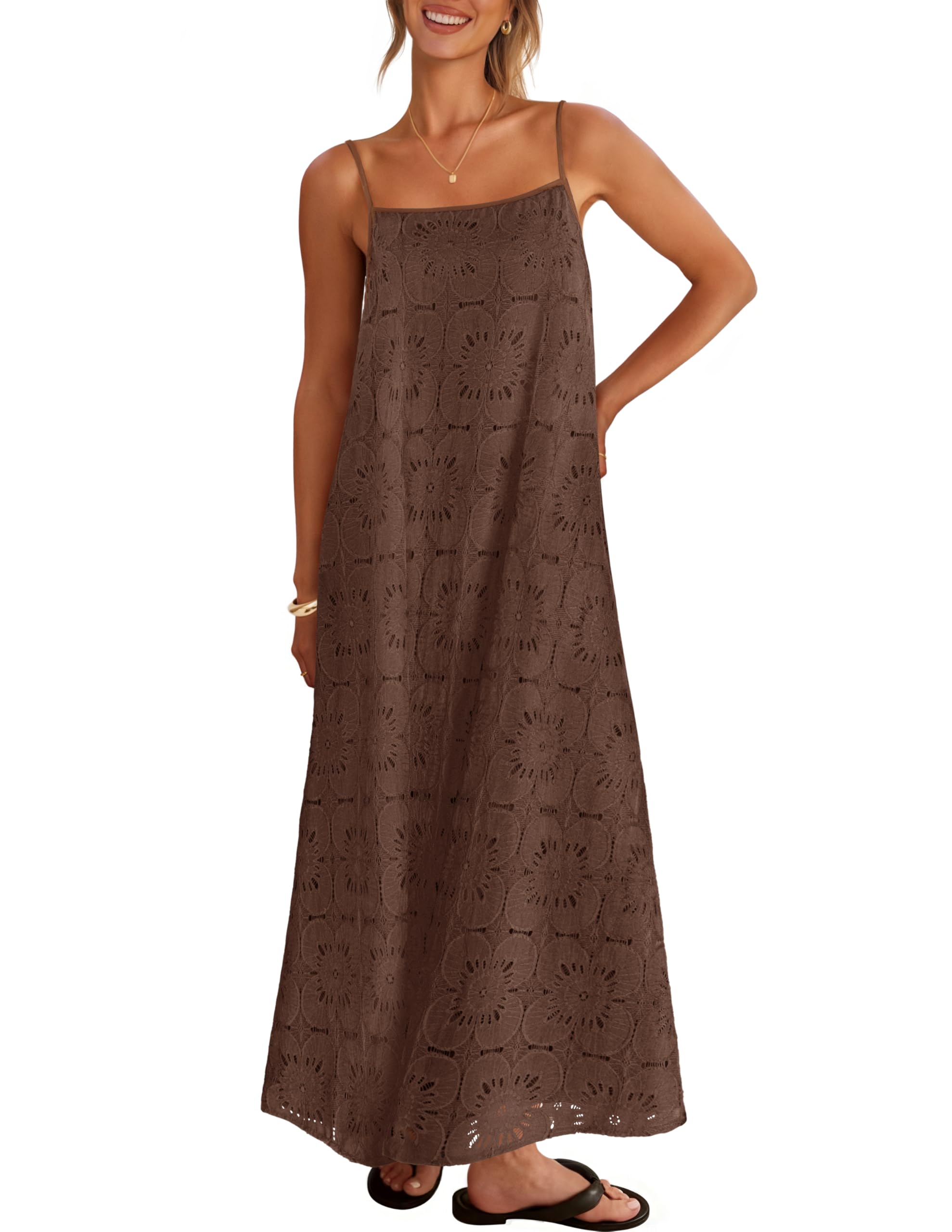 MEROKEETY Women's Summer Spaghetti Straps Sundress 2026 Casual Sleeveless Floral Lace Eyelet Boho Beach Maxi Dress
