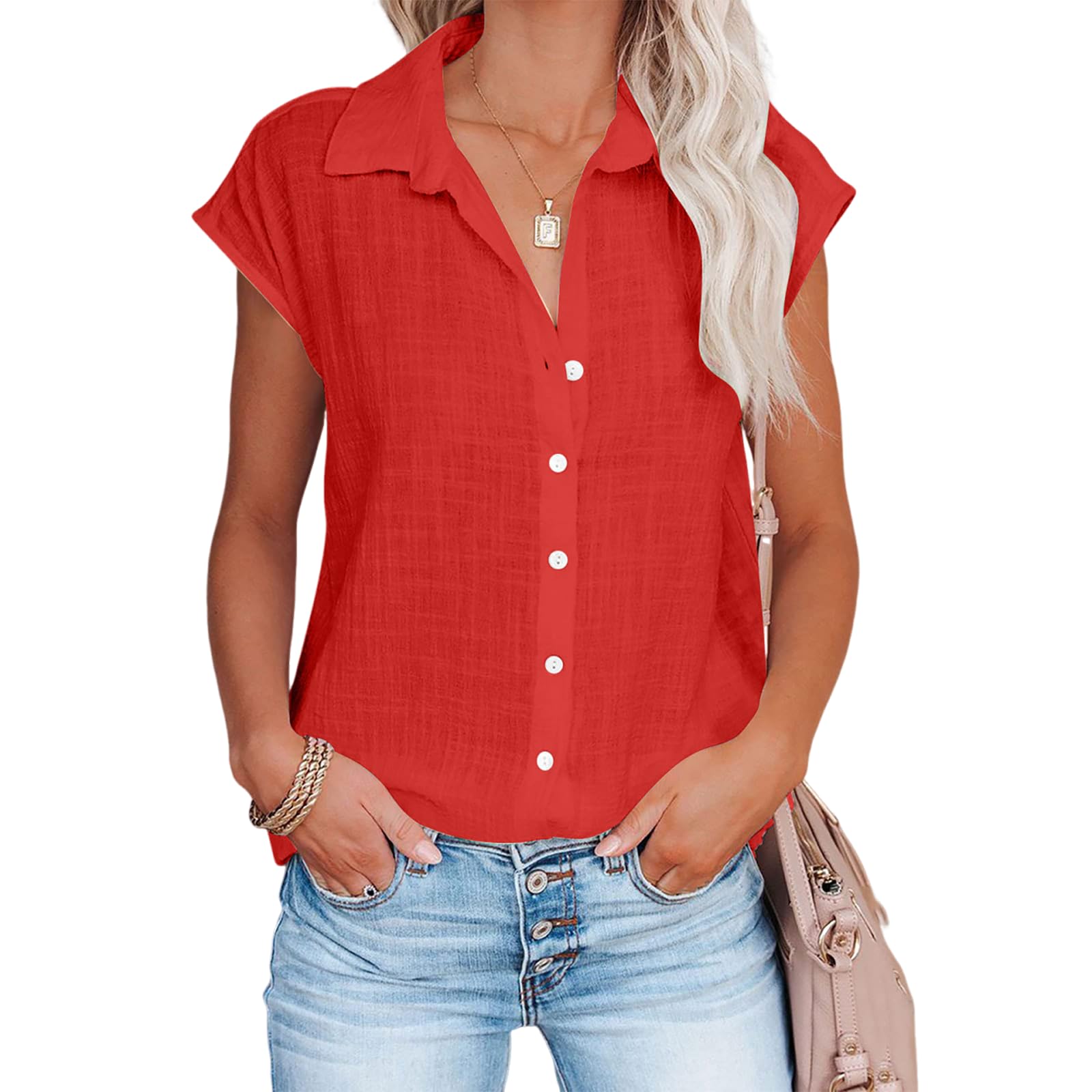 Linen Shirts for Women Cap Sleeve V Neck Collared Button Down Shirts Blouses Casual Loose Lightweight Summer Tops