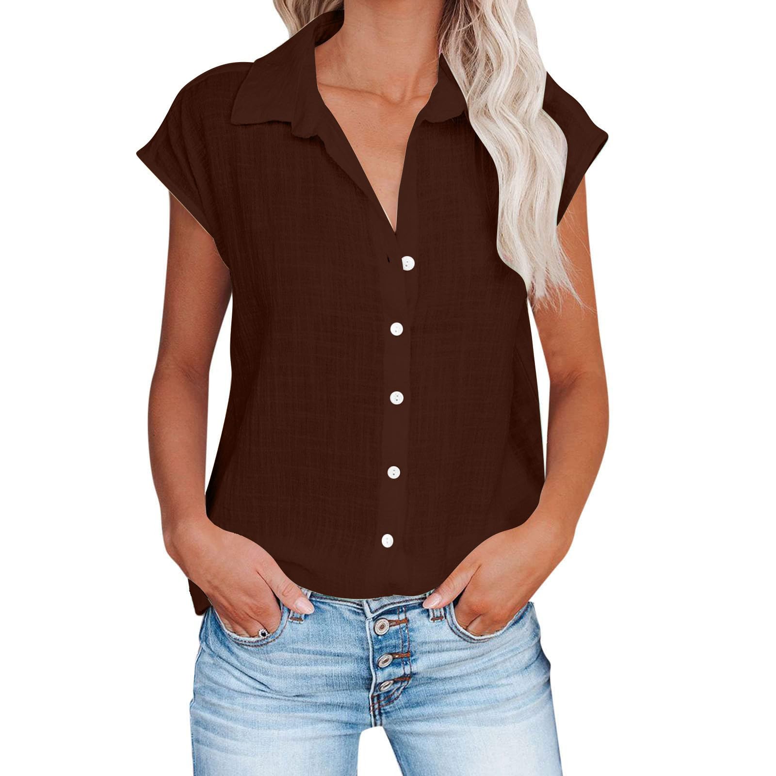 Linen Shirts for Women Cap Sleeve V Neck Collared Button Down Shirts Blouses Casual Loose Lightweight Summer Tops