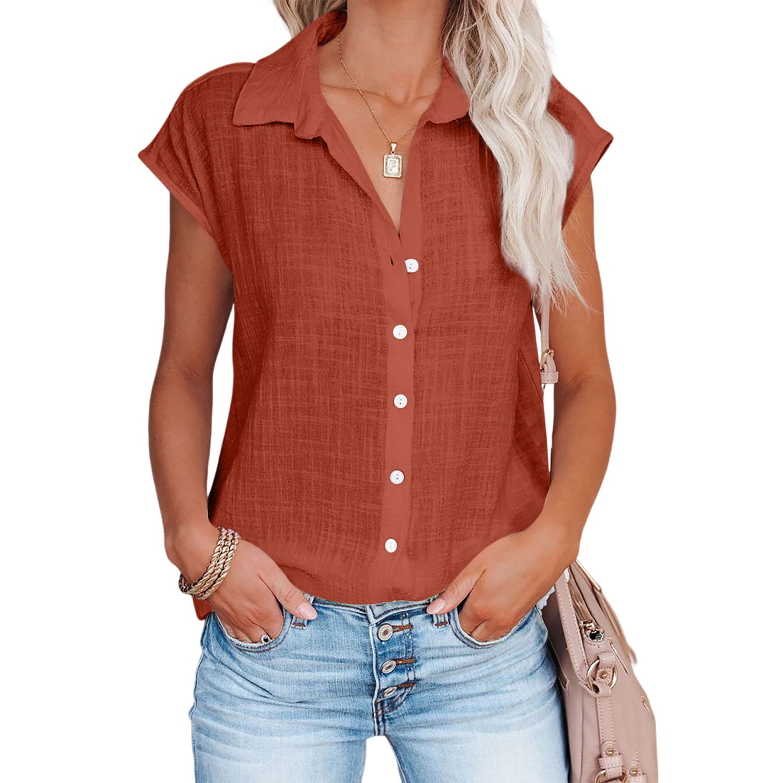 Linen Shirts for Women Cap Sleeve V Neck Collared Button Down Shirts Blouses Casual Loose Lightweight Summer Tops