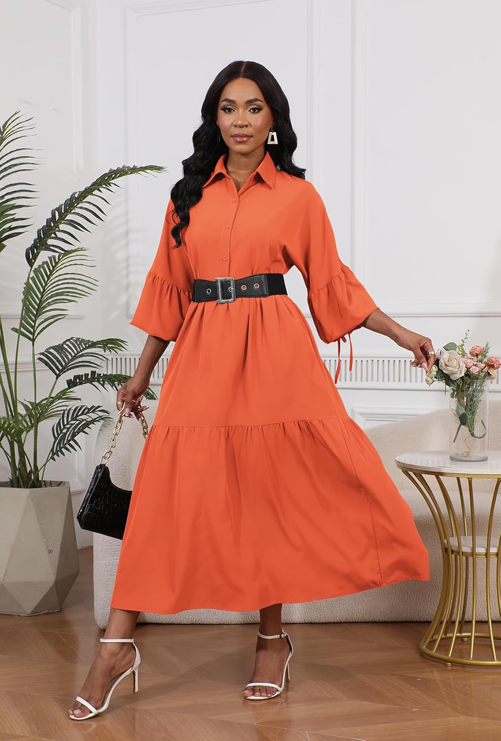 Women's Long Sleeve Maxi Shirt Dress Elegant Button Down Loose Swing Party Dress