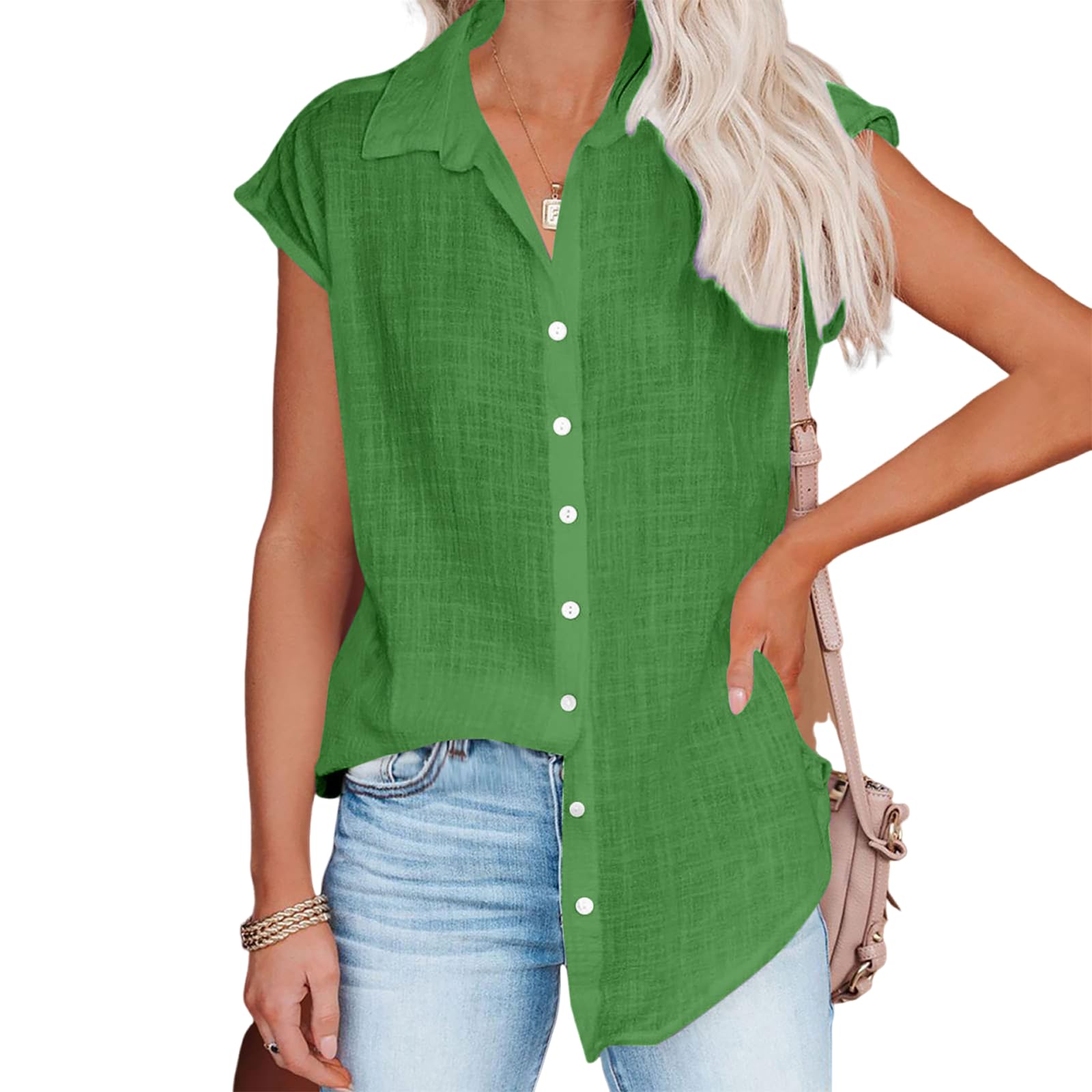 Linen Shirts for Women Cap Sleeve V Neck Collared Button Down Shirts Blouses Casual Loose Lightweight Summer Tops