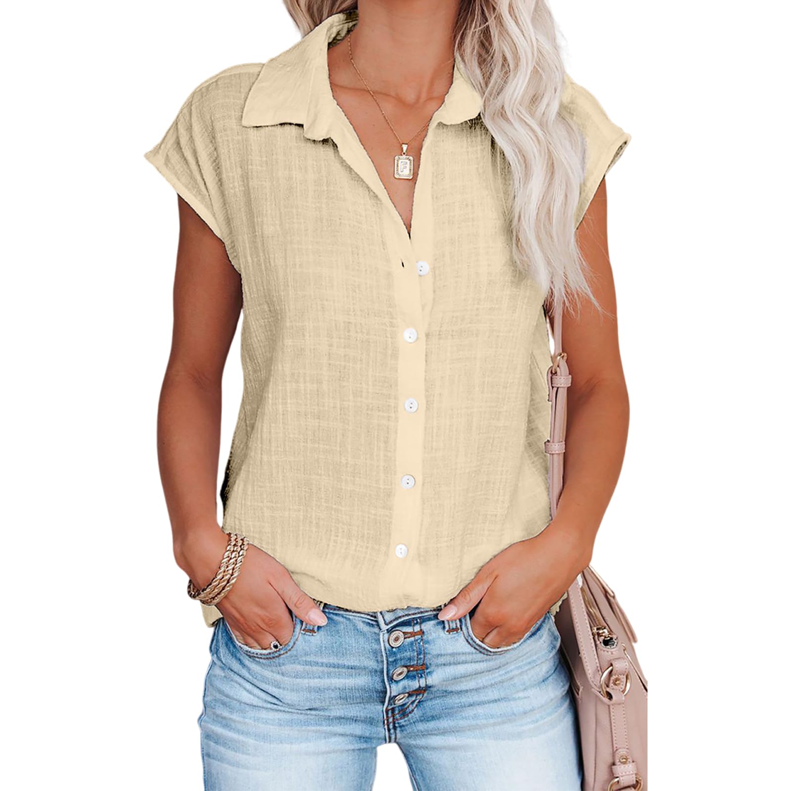 Linen Shirts for Women Cap Sleeve V Neck Collared Button Down Shirts Blouses Casual Loose Lightweight Summer Tops