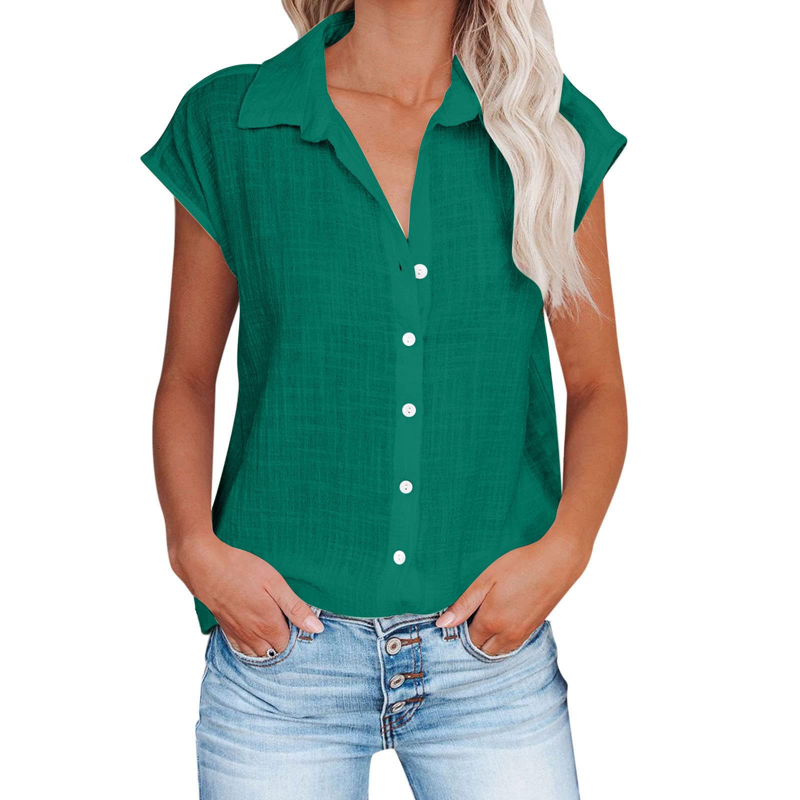 Linen Shirts for Women Cap Sleeve V Neck Collared Button Down Shirts Blouses Casual Loose Lightweight Summer Tops